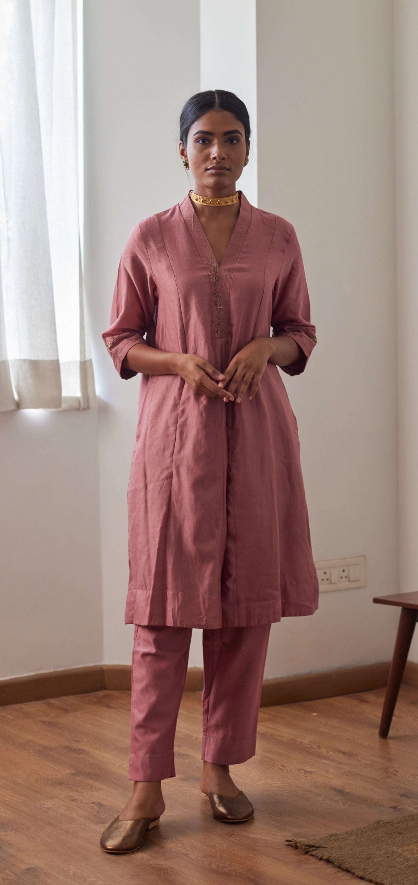 Sashiko in Onion Pink Chanderi with Chanderi Pants