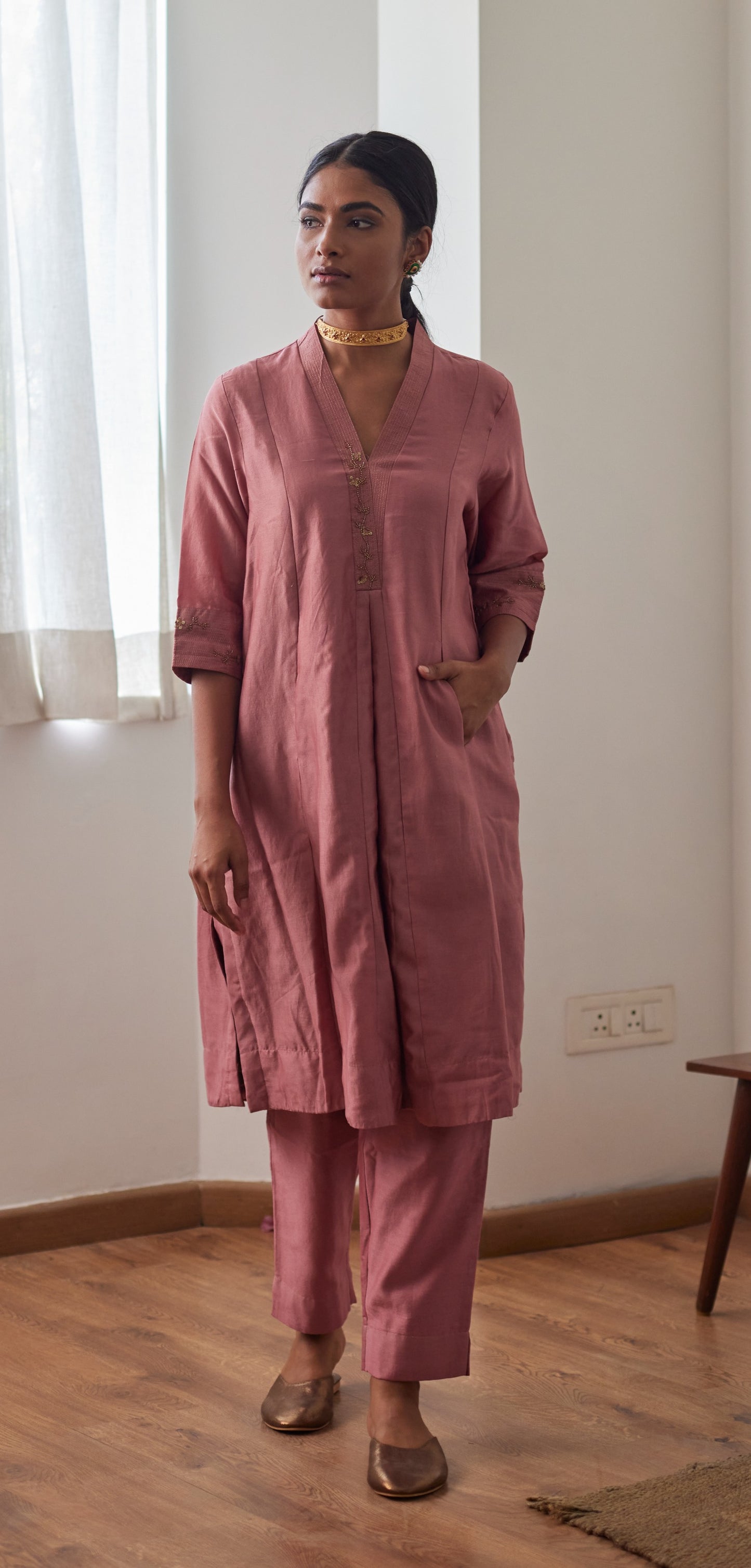 Sashiko in Onion Pink Chanderi with Chanderi Pants