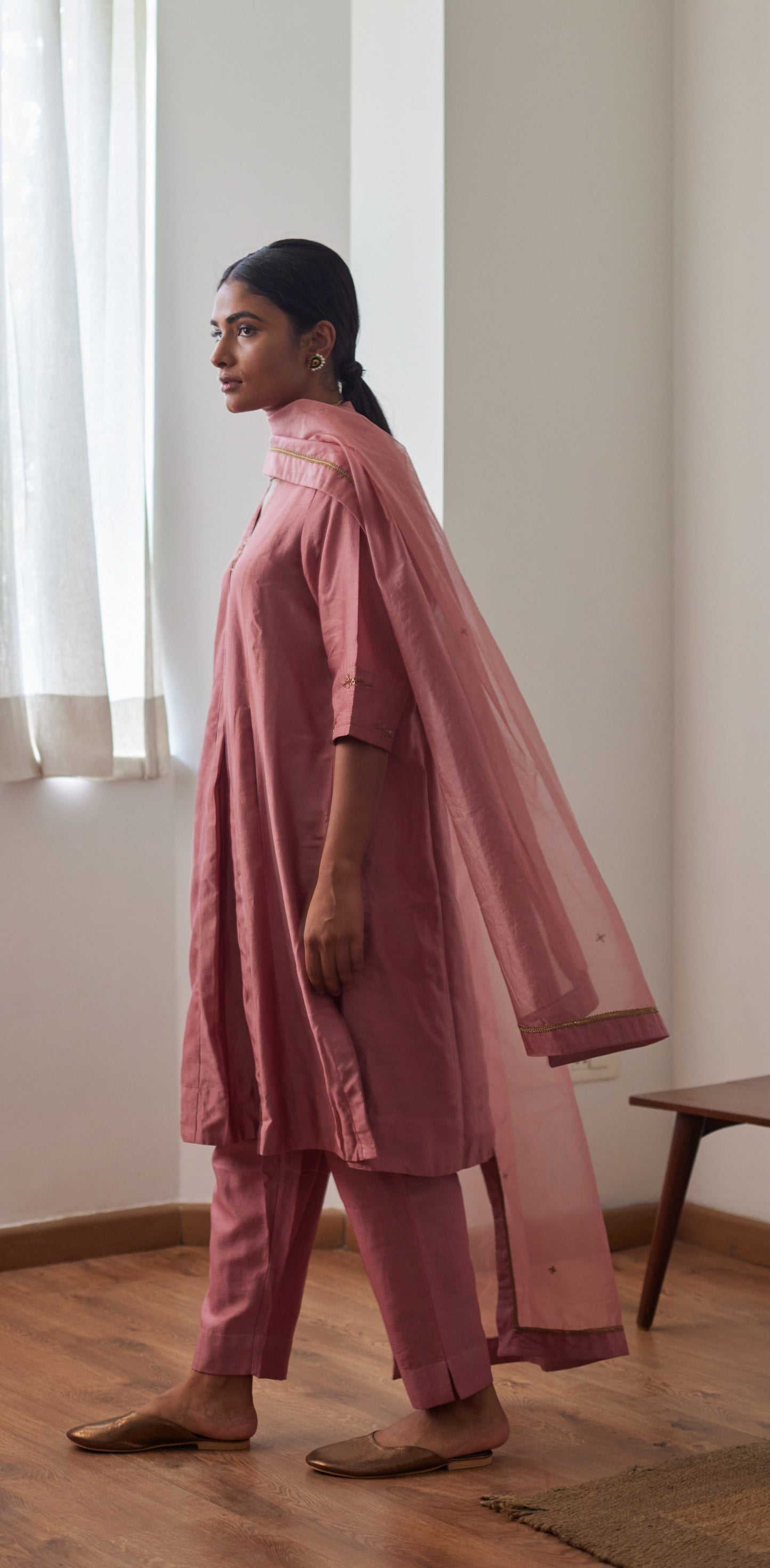 Sashiko in Onion Pink Chanderi with Chanderi Pants