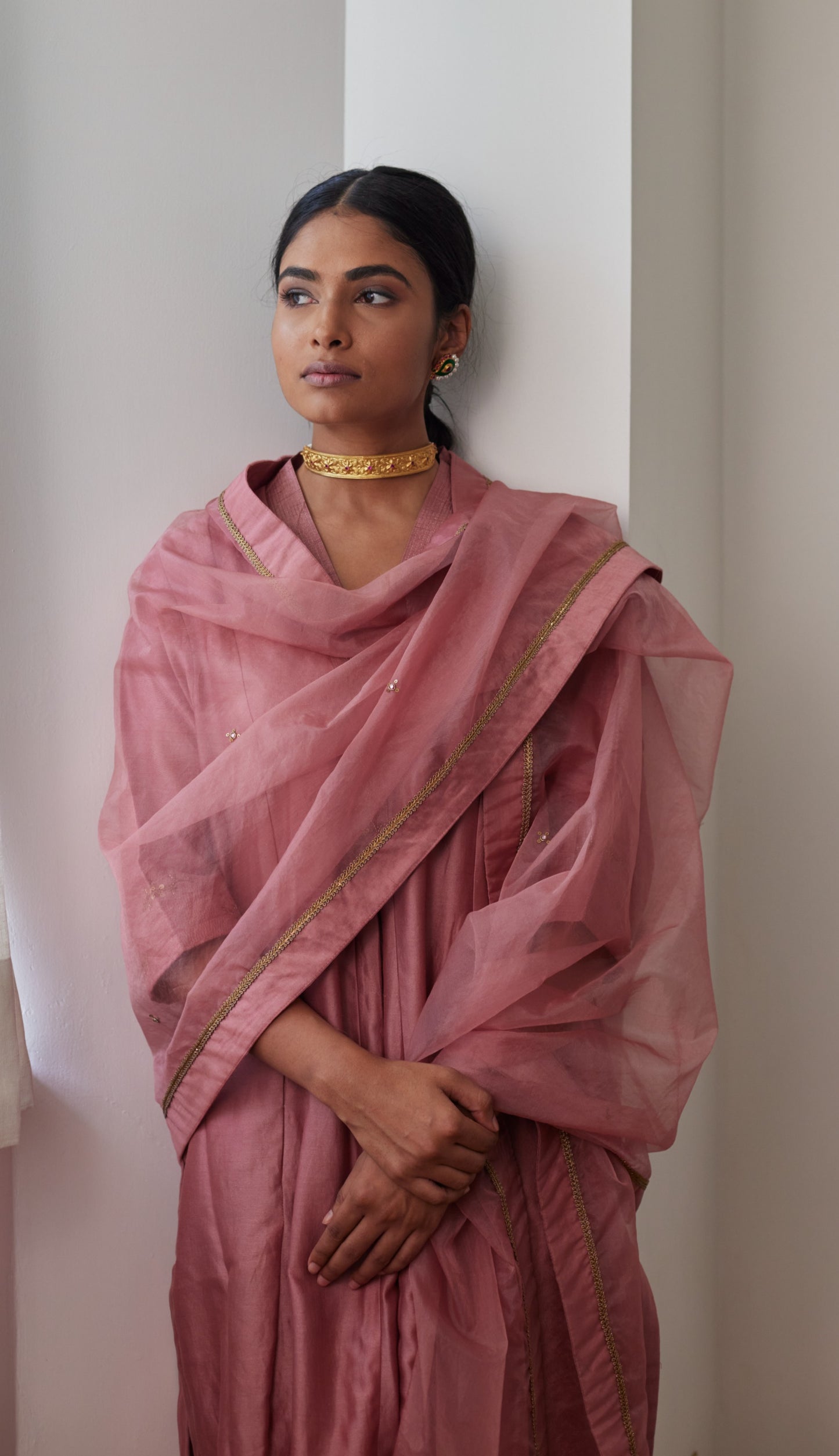 Sashiko in Onion Pink Chanderi with Chanderi Pants