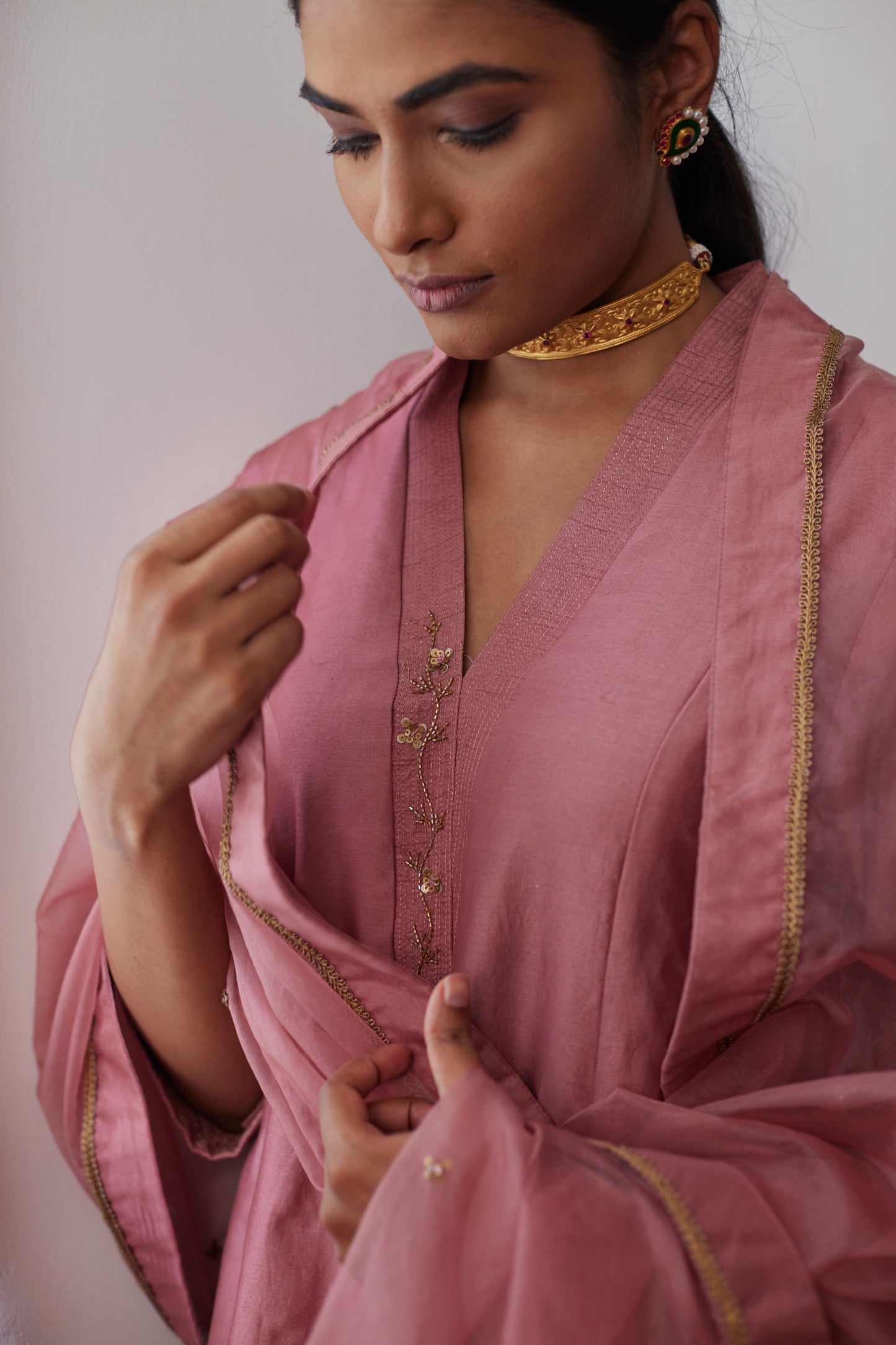 Sashiko in Onion Pink Chanderi with Chanderi Pants