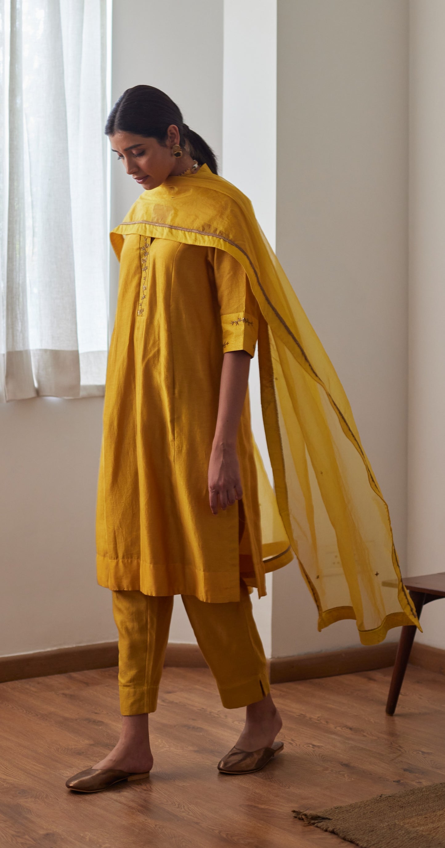Sashiko in Yellow Chanderi with Chanderi Pants