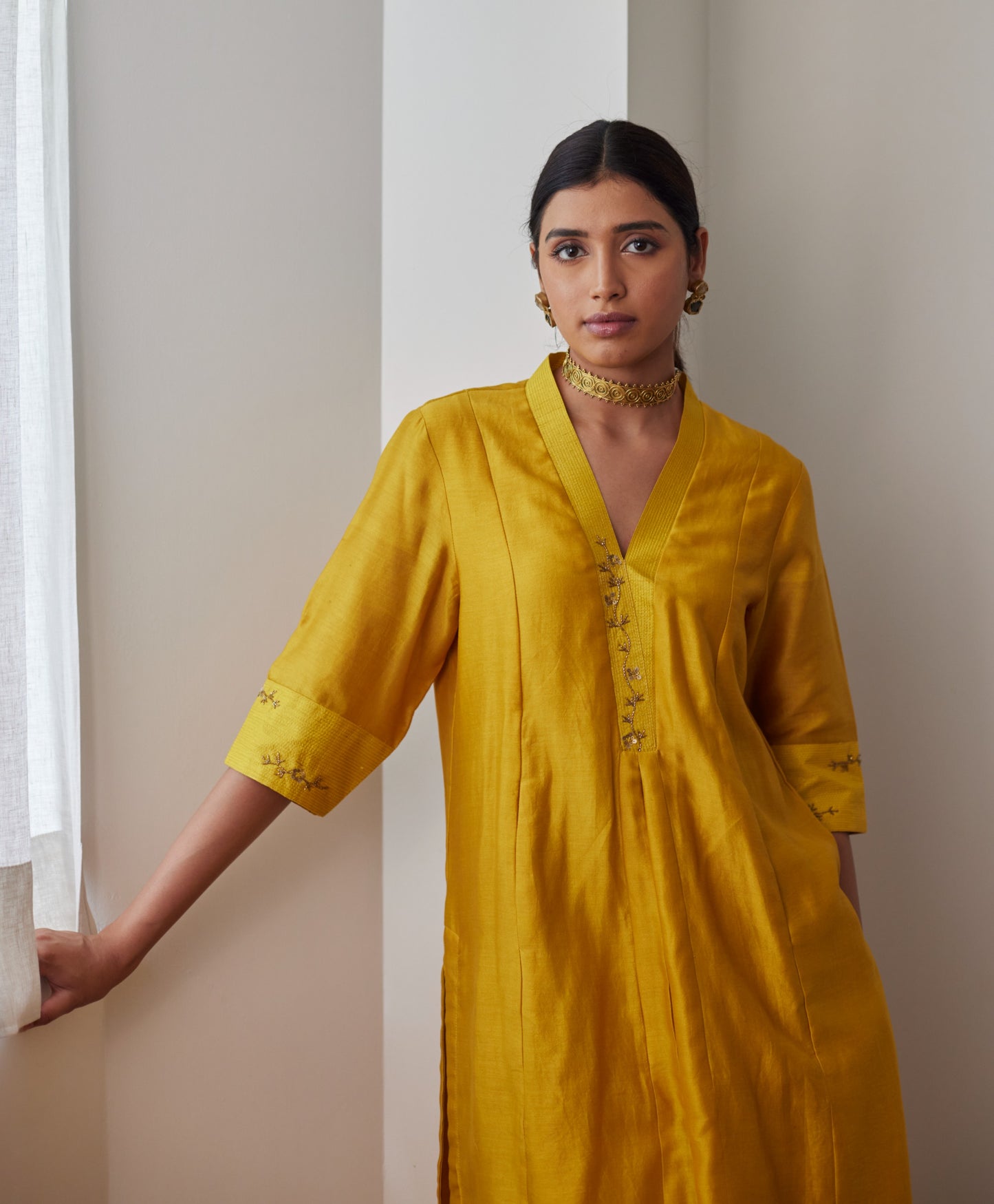 Sashiko in Yellow Chanderi with Chanderi Pants