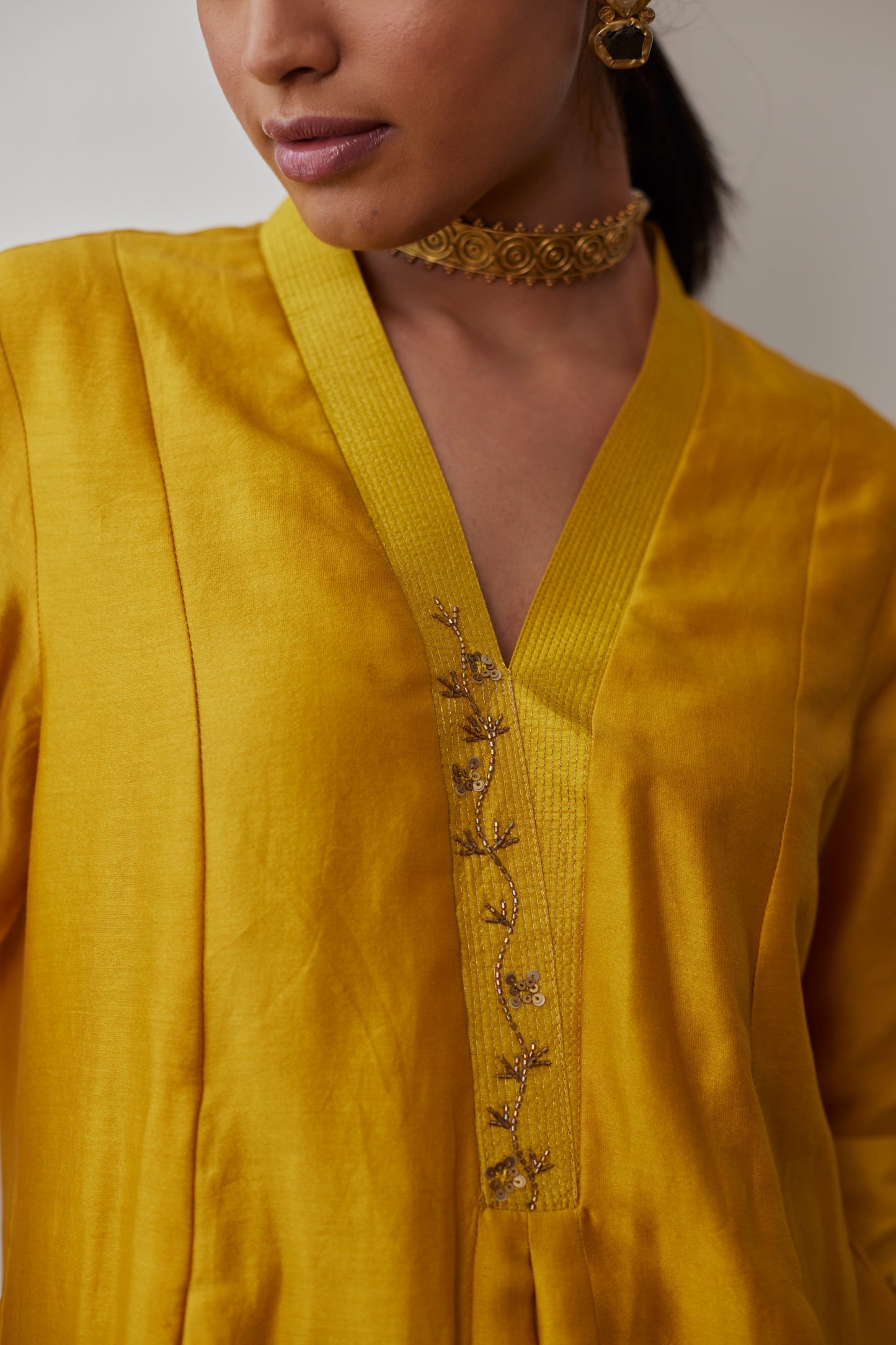 Sashiko in Yellow Chanderi with Chanderi Pants