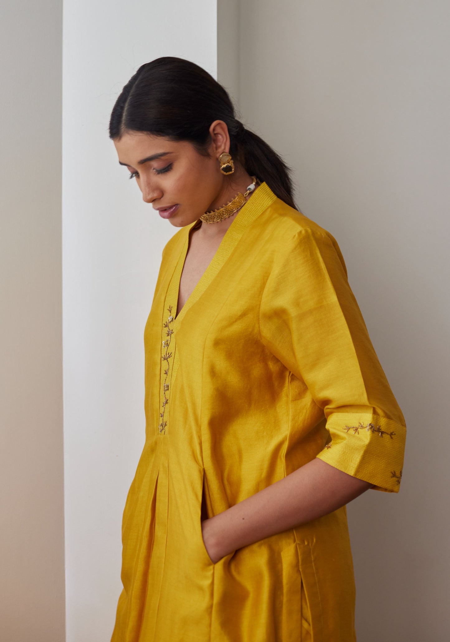 Sashiko in Yellow Chanderi with Chanderi Pants
