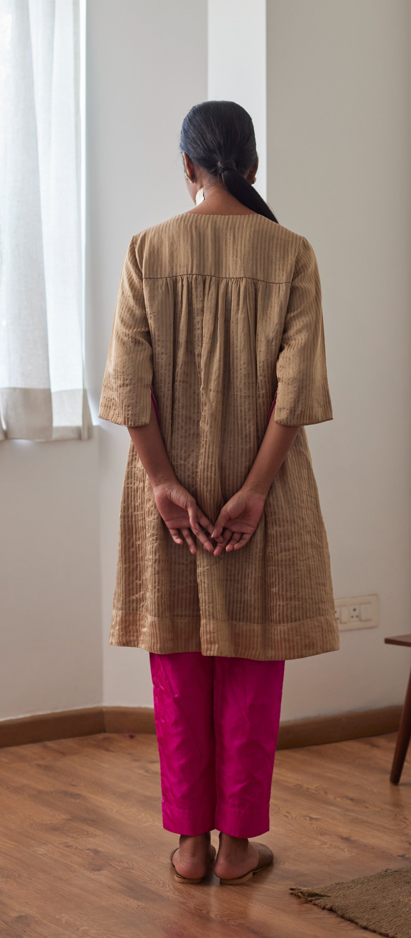 Empireline Kurta in Chai Chanderi Stripes with Pink Silk Pants