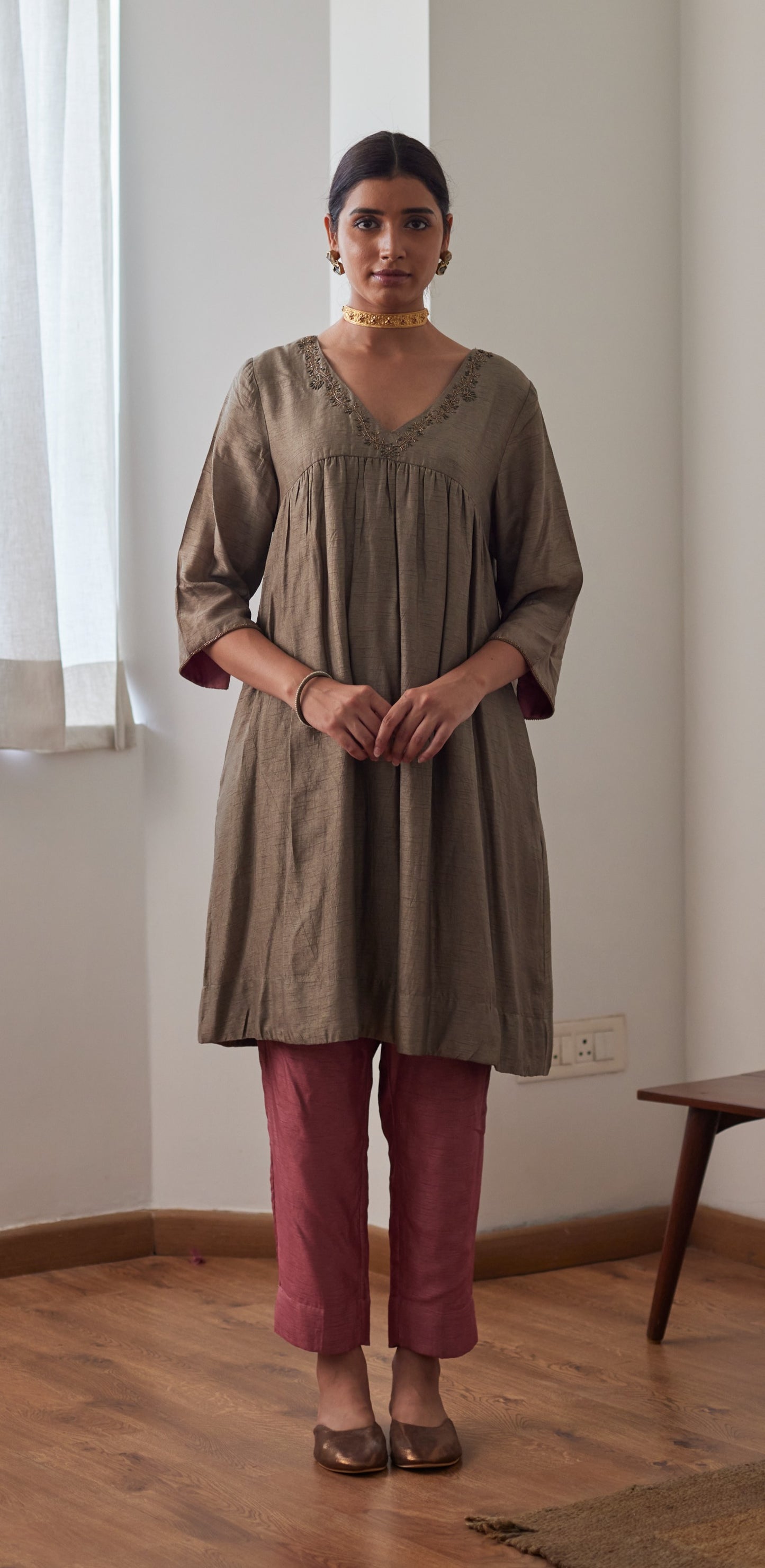 Empireline Kurta in Sage Green Raw Silk with Raw Silk Pants
