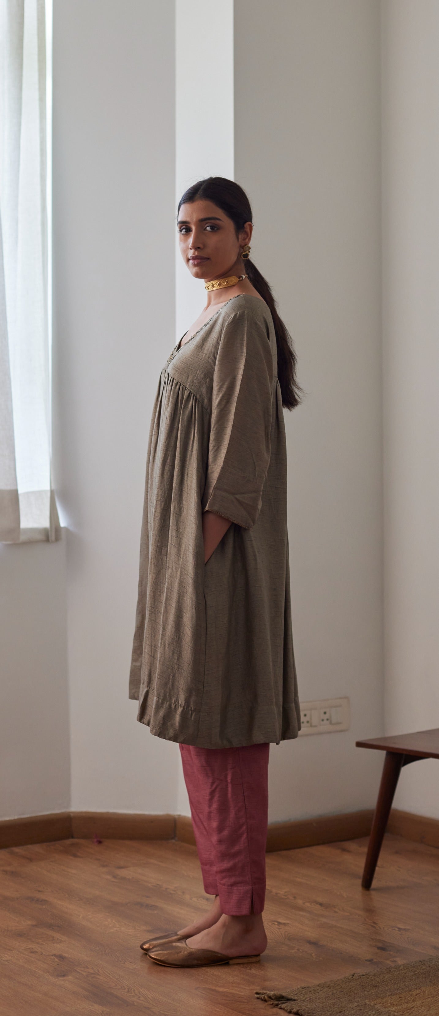 Empireline Kurta in Sage Green Raw Silk with Raw Silk Pants