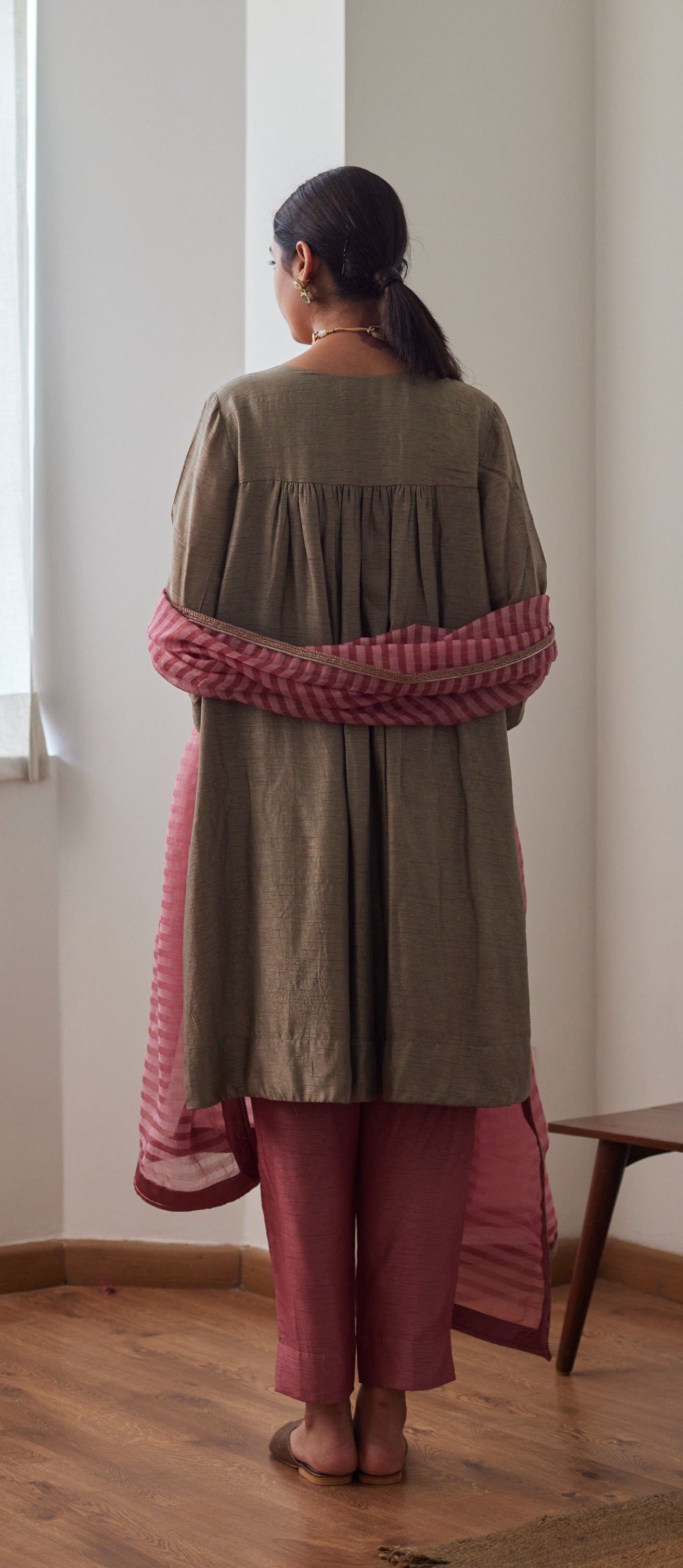 Empireline Kurta in Sage Green Raw Silk with Raw Silk Pants