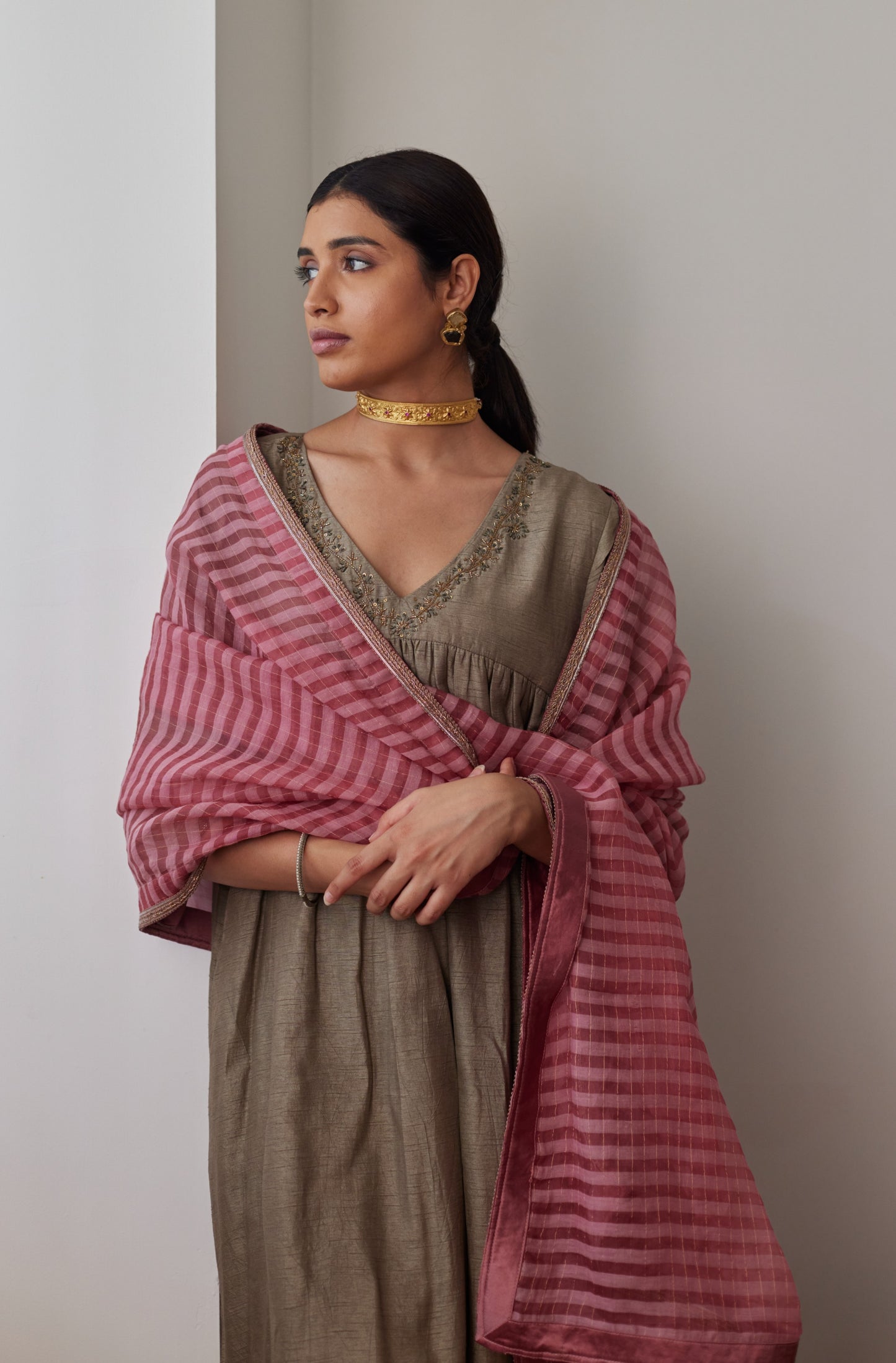 Empireline Kurta in Sage Green Raw Silk with Raw Silk Pants
