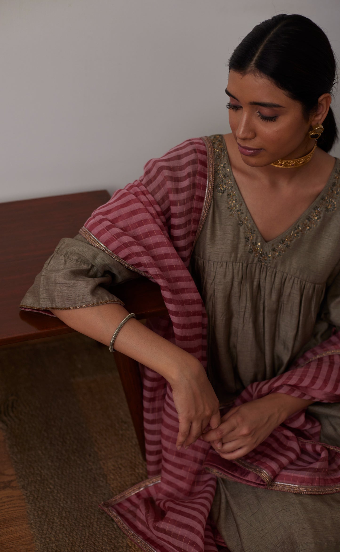 Empireline Kurta in Sage Green Raw Silk with Raw Silk Pants