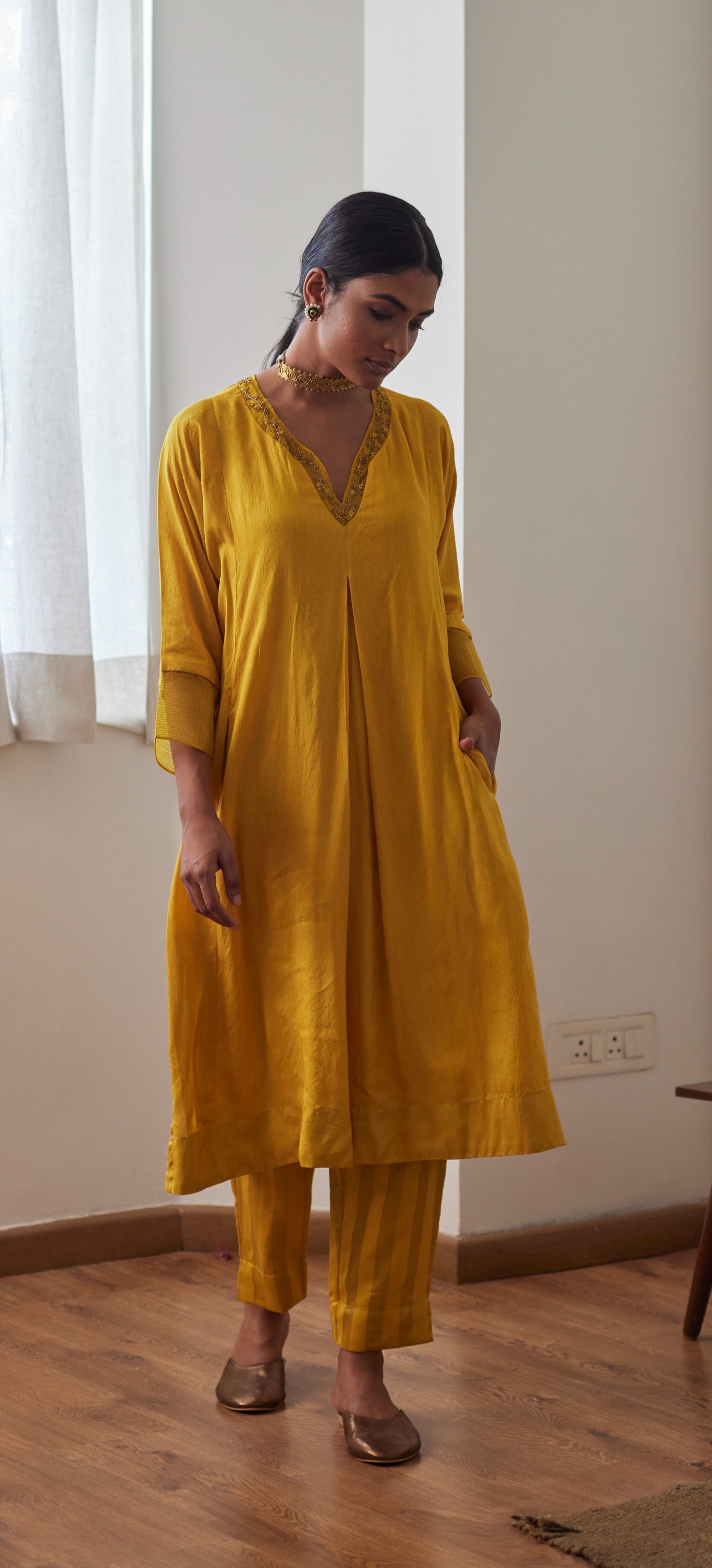 GK Kurta in Yellow Raw Silk with Chanderi Stripe Pants