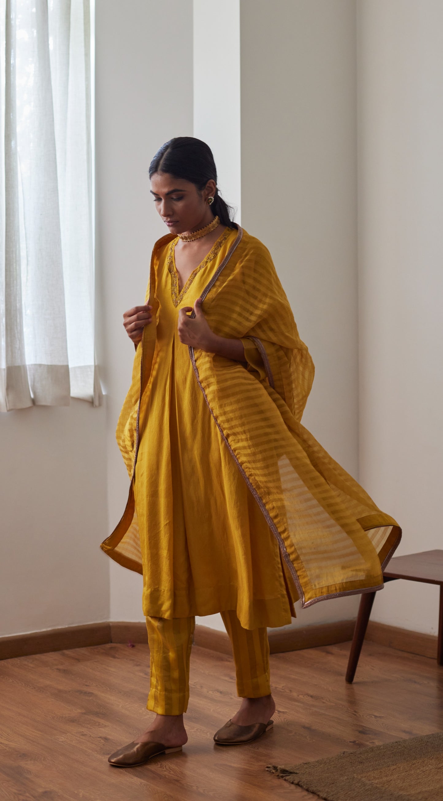 Patti Organza Silk Dupatta in Yellow