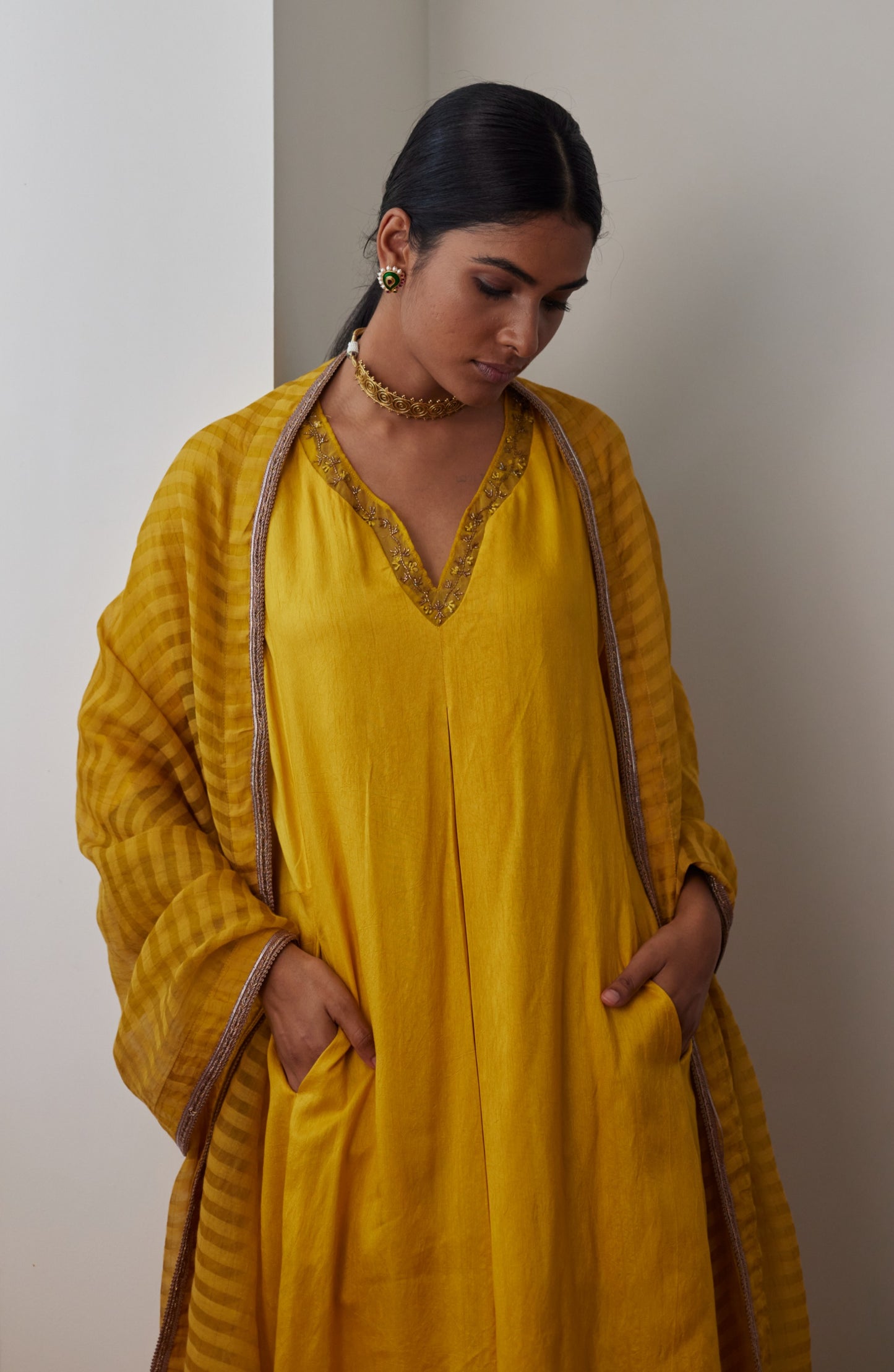GK Kurta in Yellow Raw Silk with Chanderi Stripe Pants