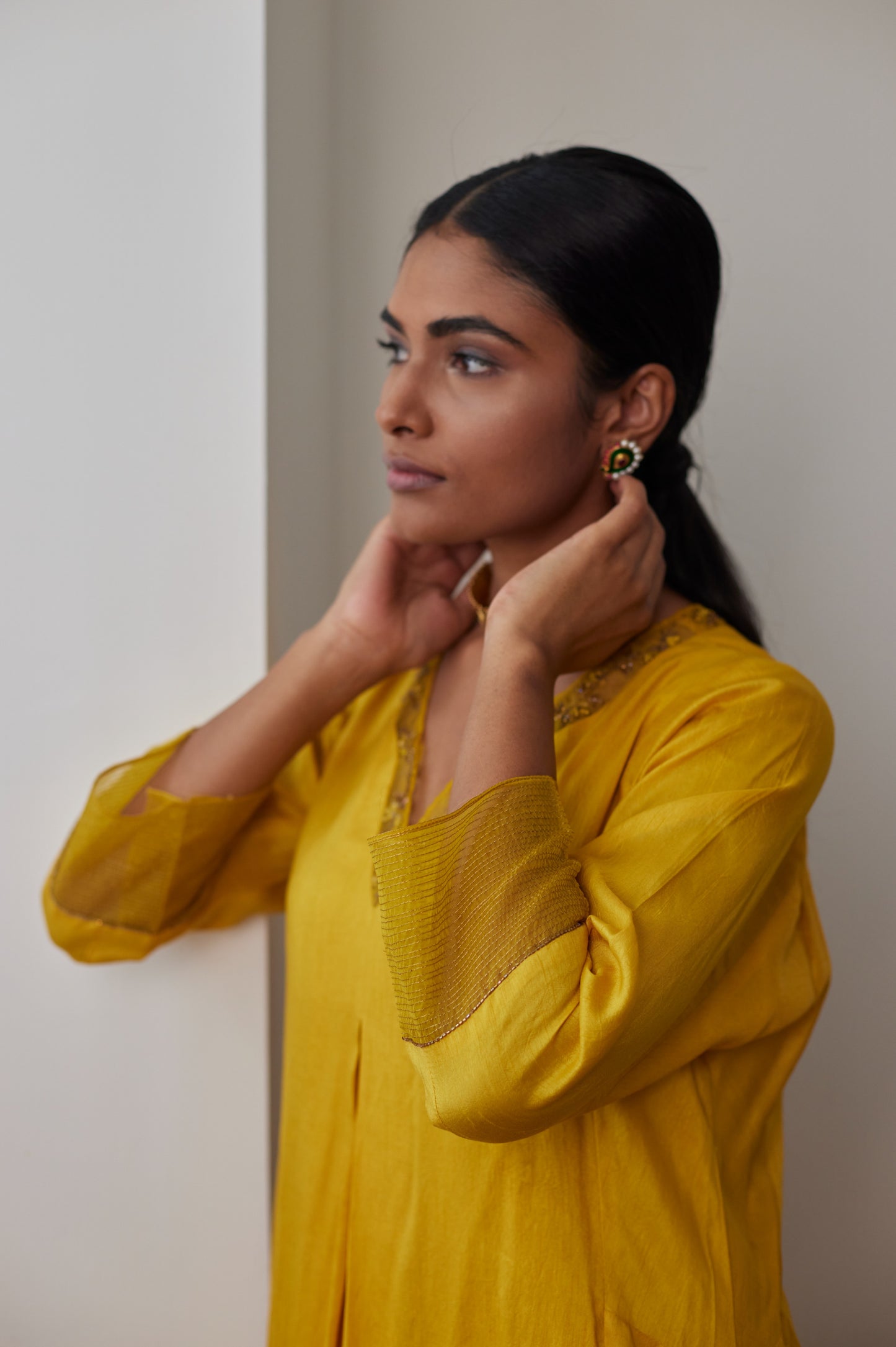 GK Kurta in Yellow Raw Silk with Chanderi Stripe Pants