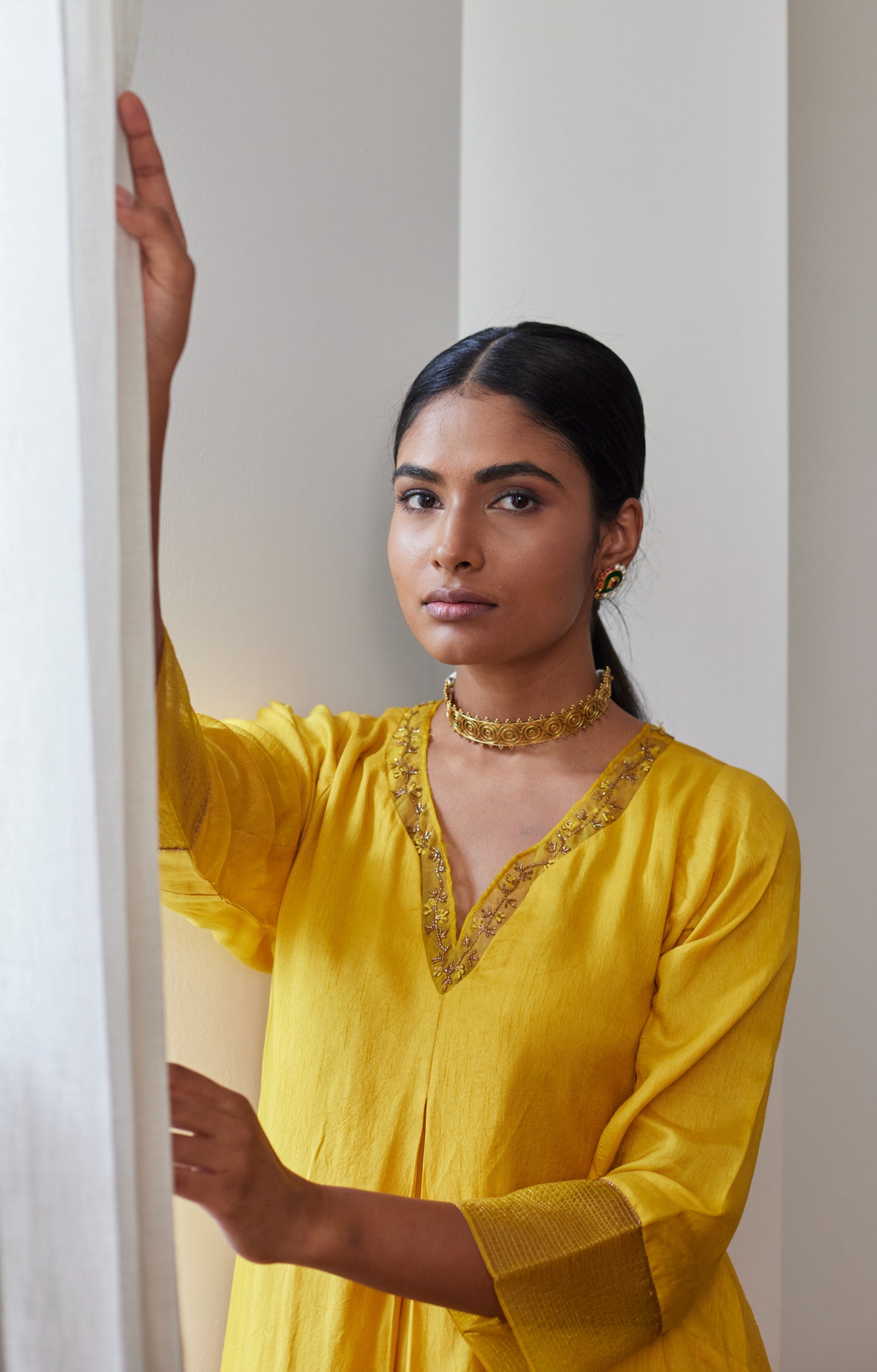 GK Kurta in Yellow Raw Silk with Chanderi Stripe Pants