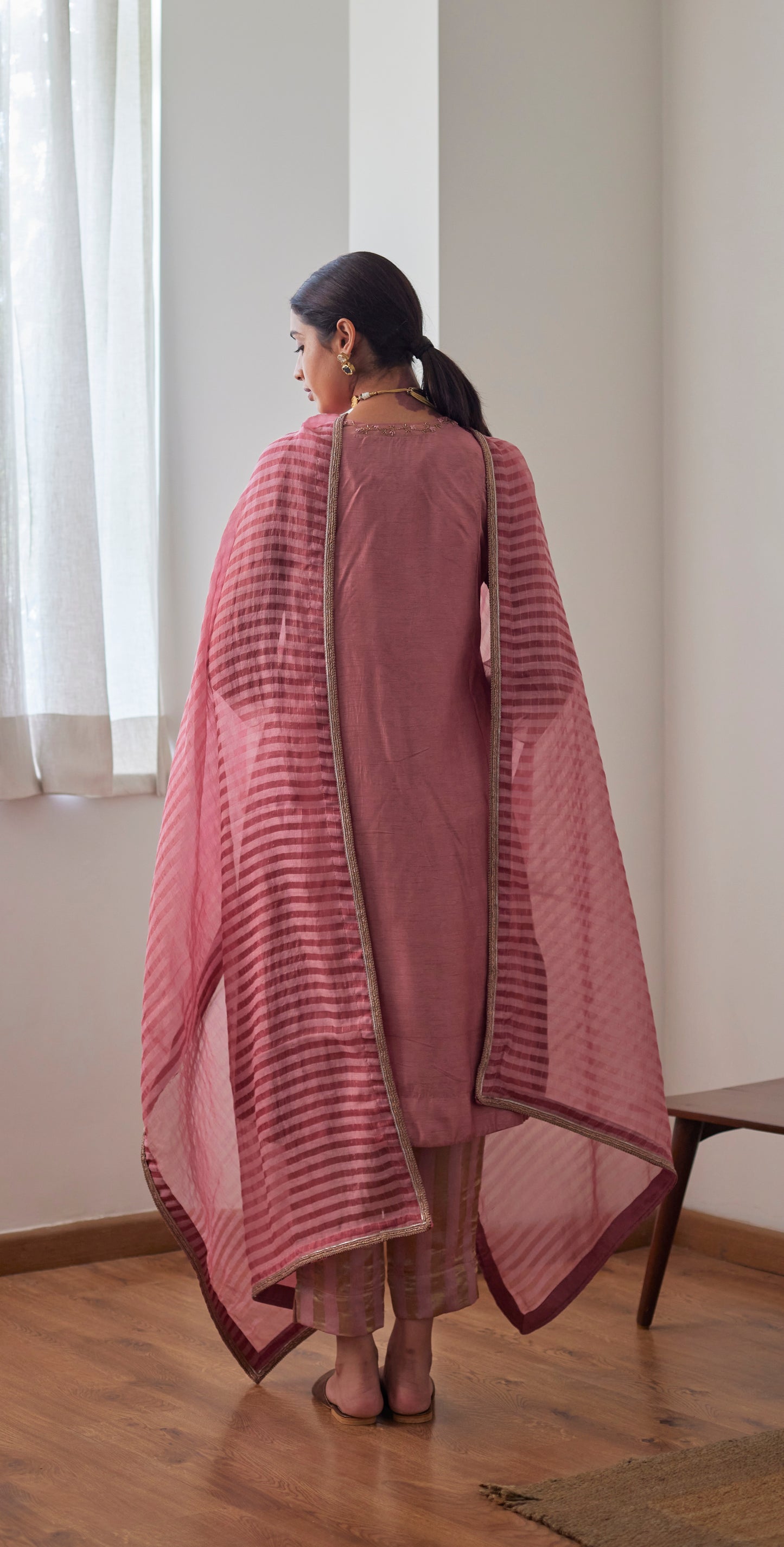 GK Kurta in Onion Pink Raw Silk with Chanderi Stripes Pants