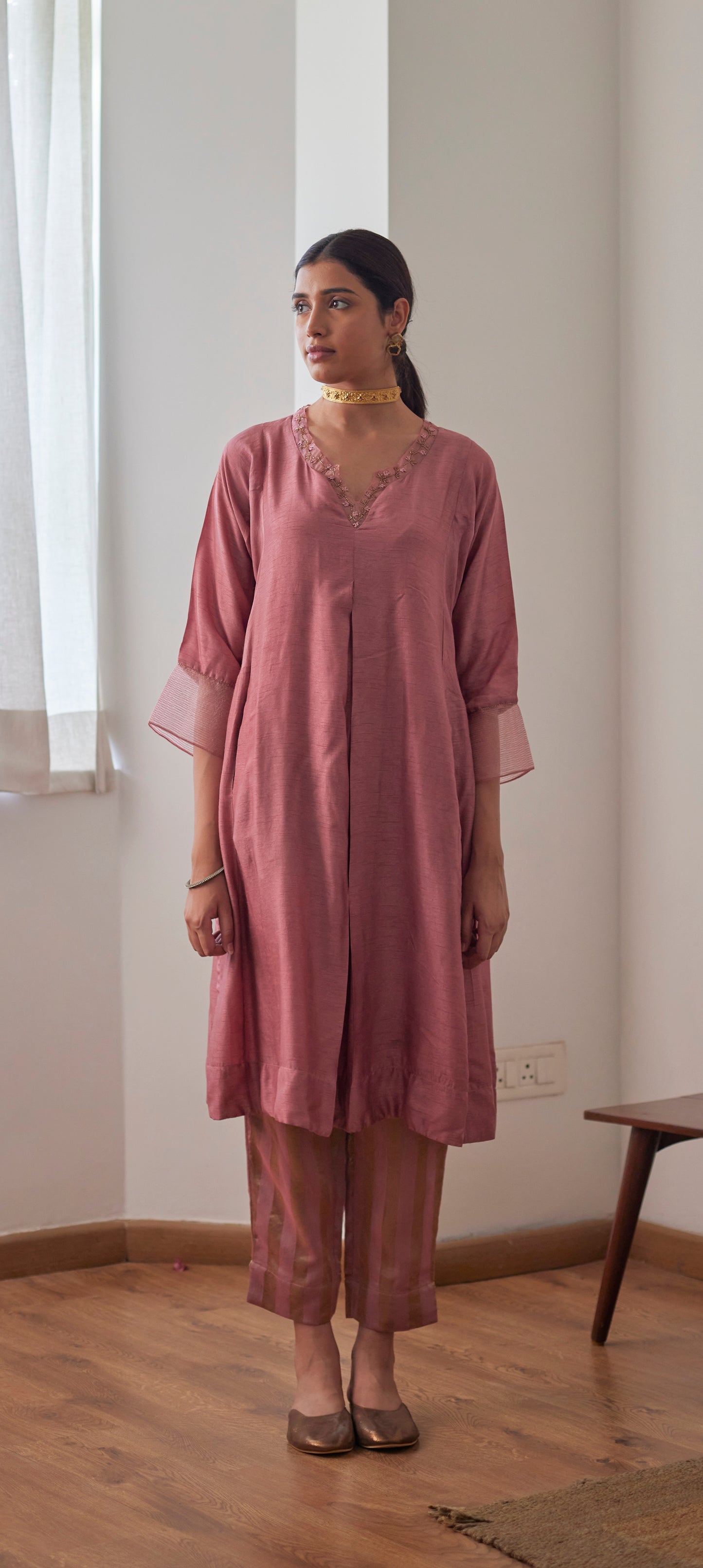 GK Kurta in Onion Pink Raw Silk with Chanderi Stripes Pants