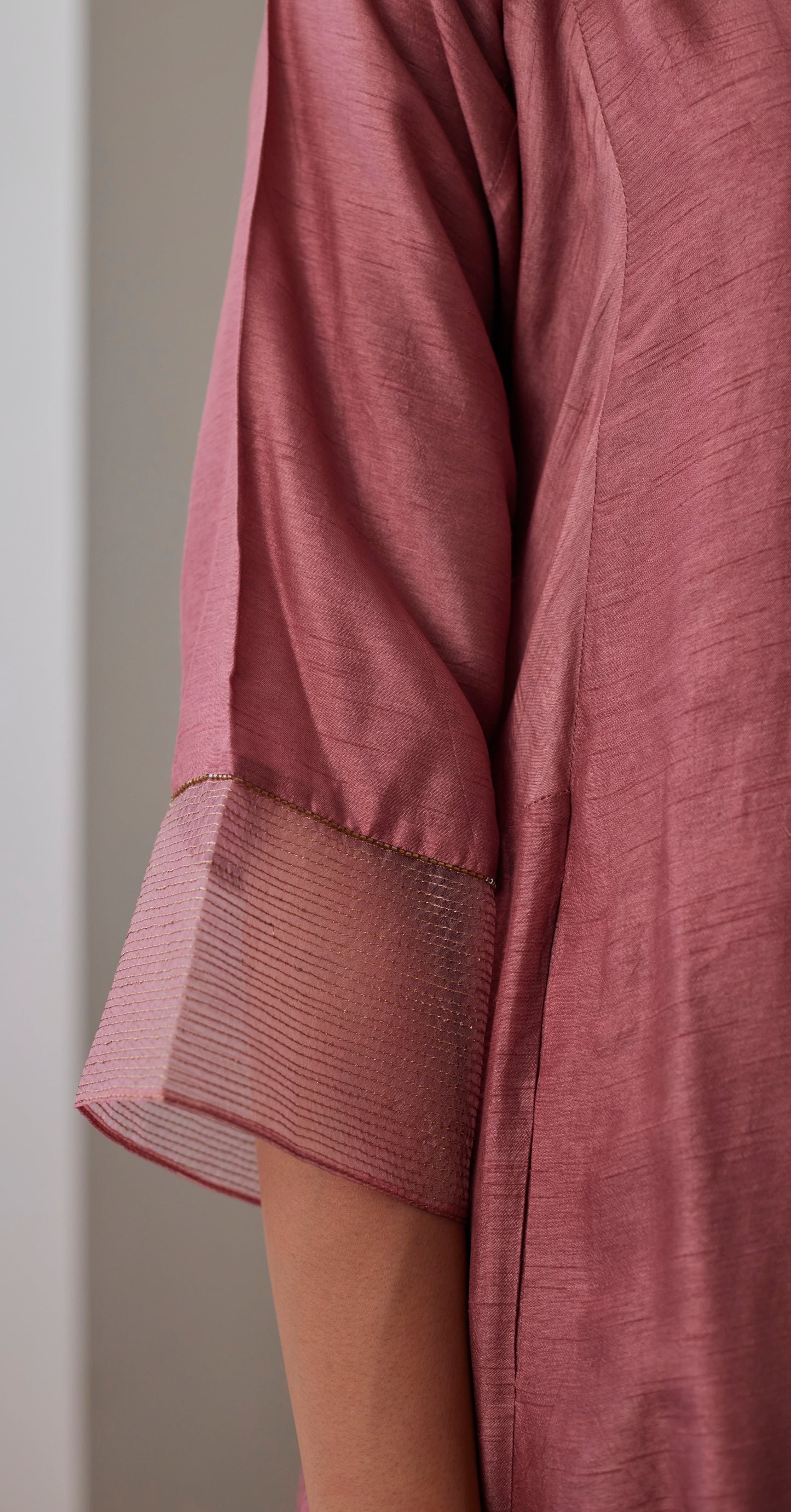GK Kurta in Onion Pink Raw Silk with Chanderi Stripes Pants