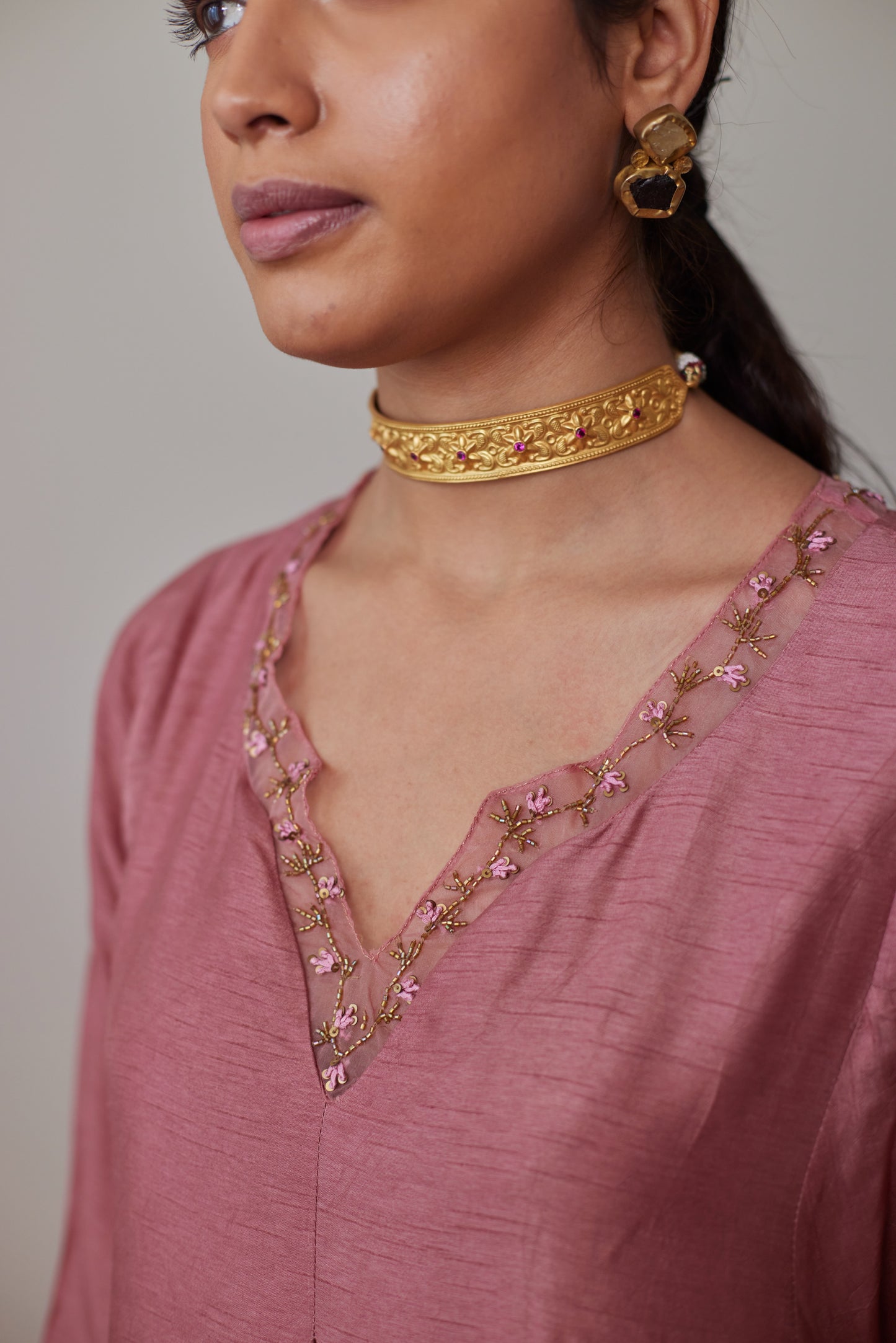 GK Kurta in Onion Pink Raw Silk with Chanderi Stripes Pants
