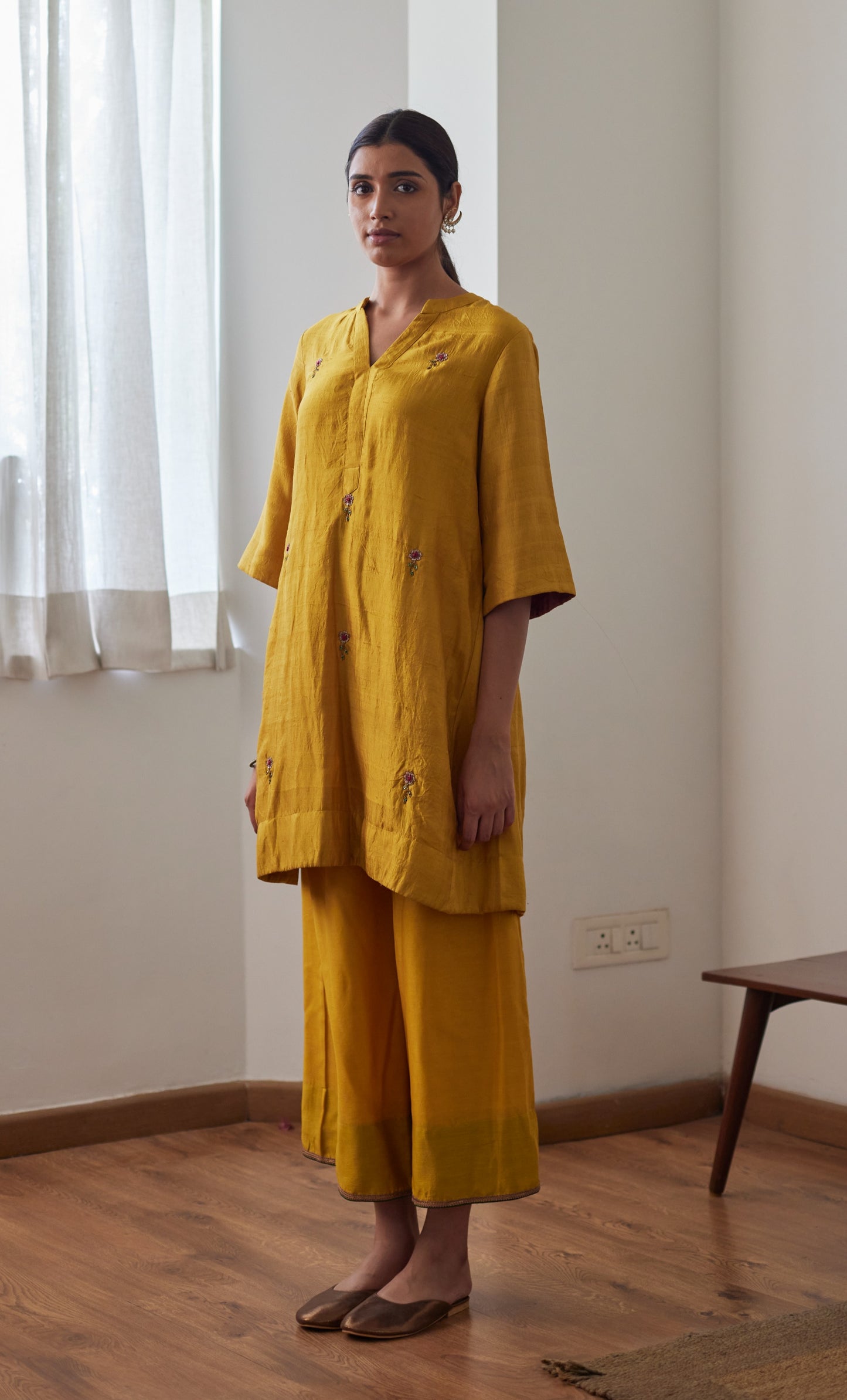 Mini Kurta in Yellow Mulberry Silk with Chanderi Farsi