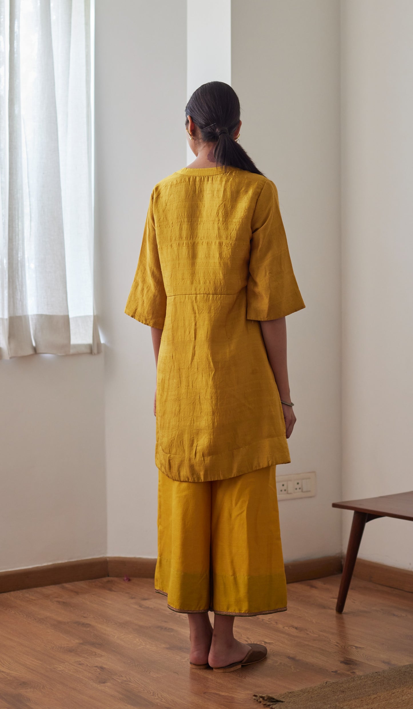 Mini Kurta in Yellow Mulberry Silk with Chanderi Farsi