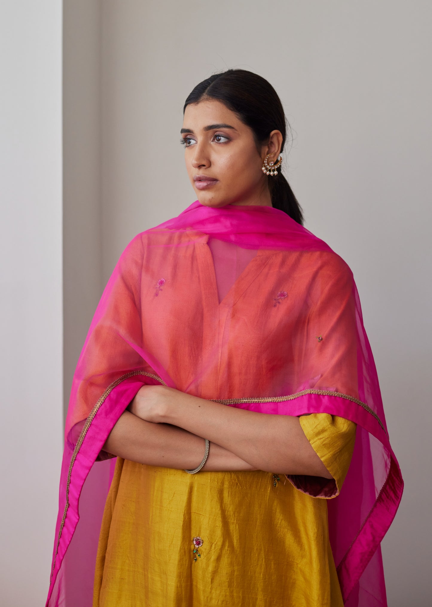 Mini Kurta in Yellow Mulberry Silk with Chanderi Farsi