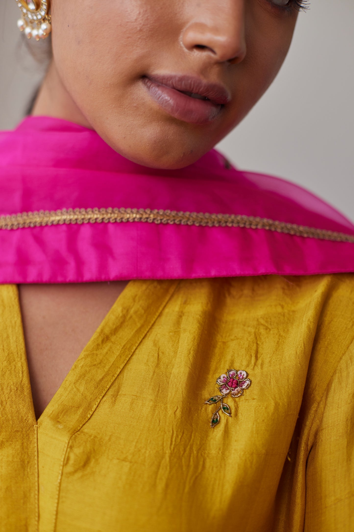 Mini Kurta in Yellow Mulberry Silk with Chanderi Farsi