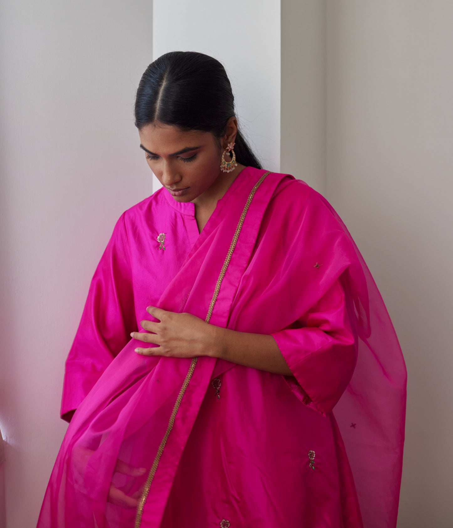 Mini Kurta in Hot Pink Bangalore Silk with Chanderi Farsi