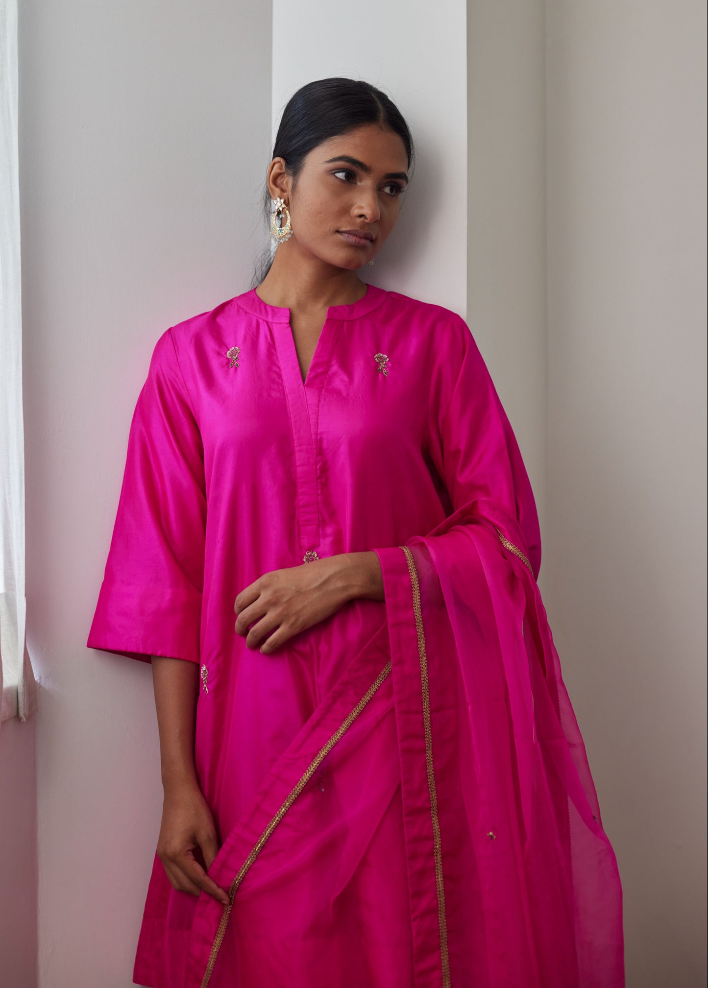 Mini Kurta in Hot Pink Bangalore Silk with Chanderi Farsi
