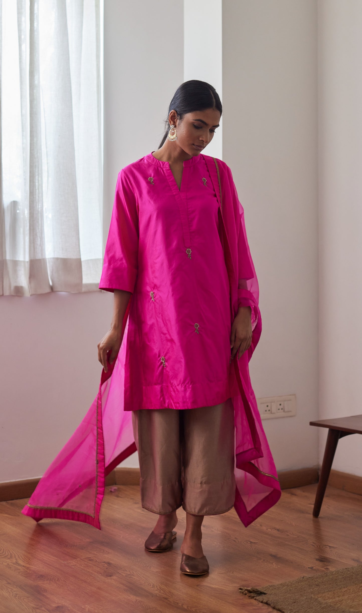 Mini Kurta in Hot Pink Bangalore Silk with Chanderi Farsi