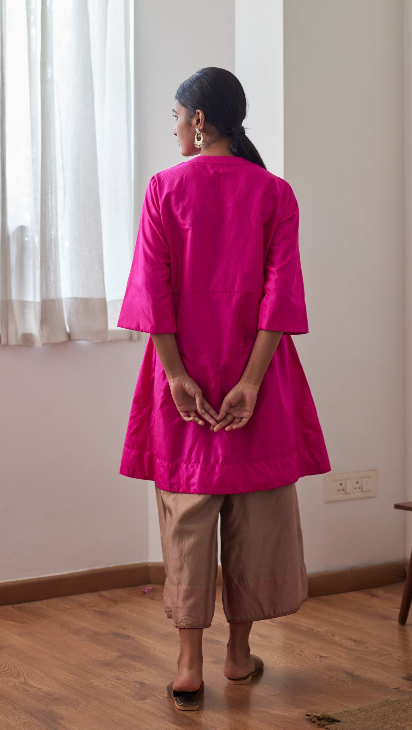 Mini Kurta in Hot Pink Bangalore Silk with Chanderi Farsi