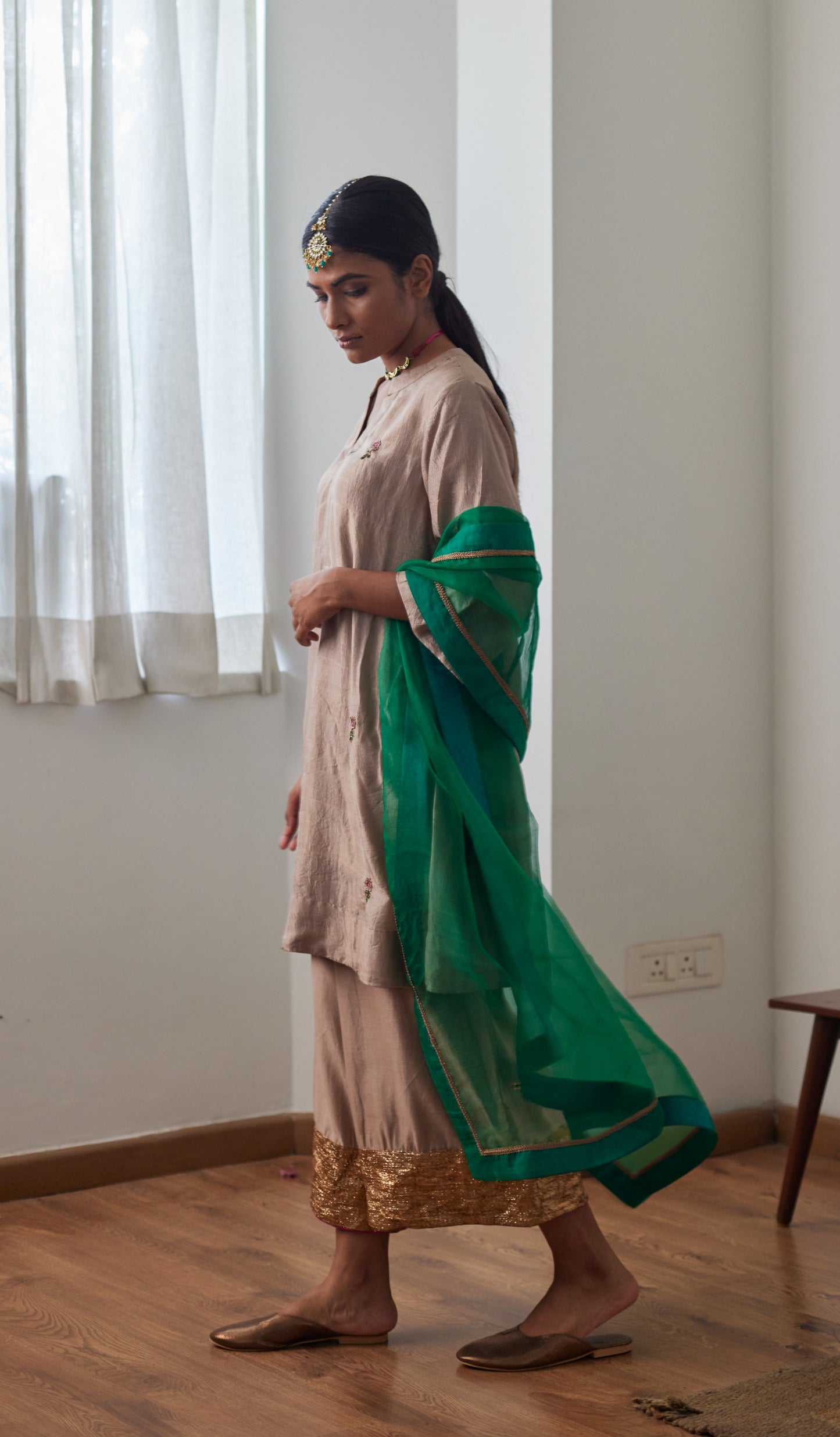 Mini Kurta in Chai Mulberry Silk with Chanderi Farsi