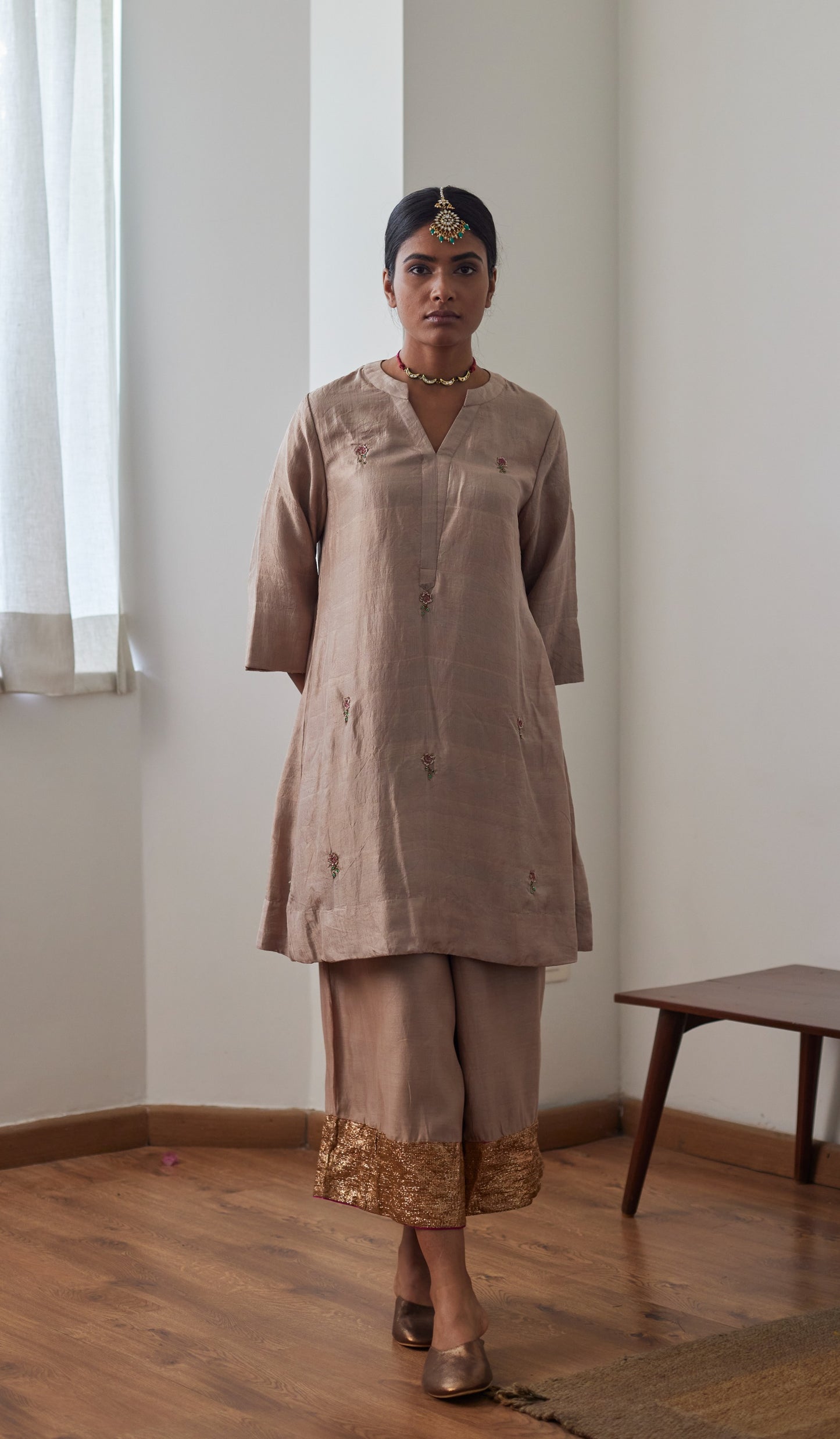 Mini Kurta in Chai Mulberry Silk with Chanderi Farsi