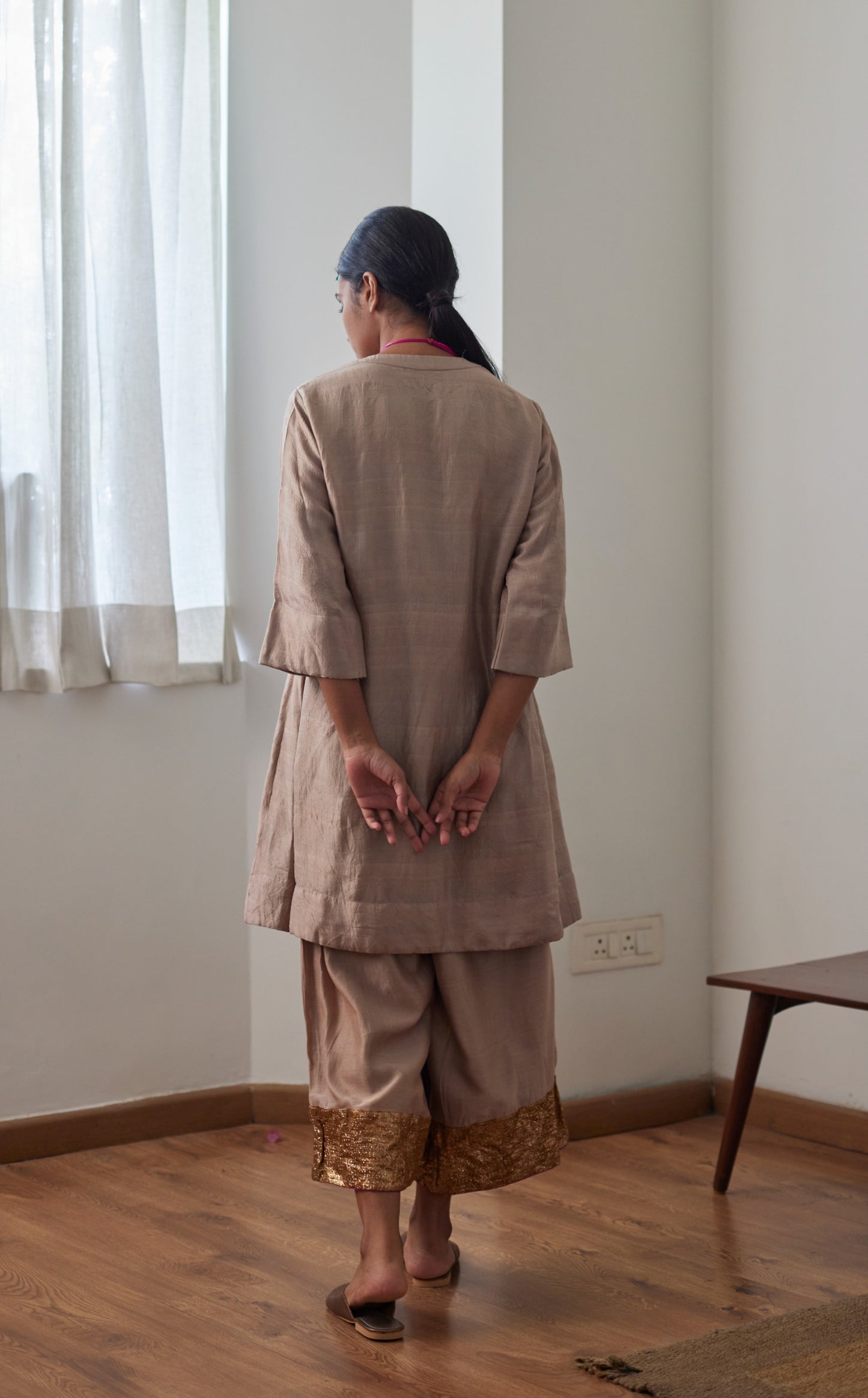 Mini Kurta in Chai Mulberry Silk with Chanderi Farsi