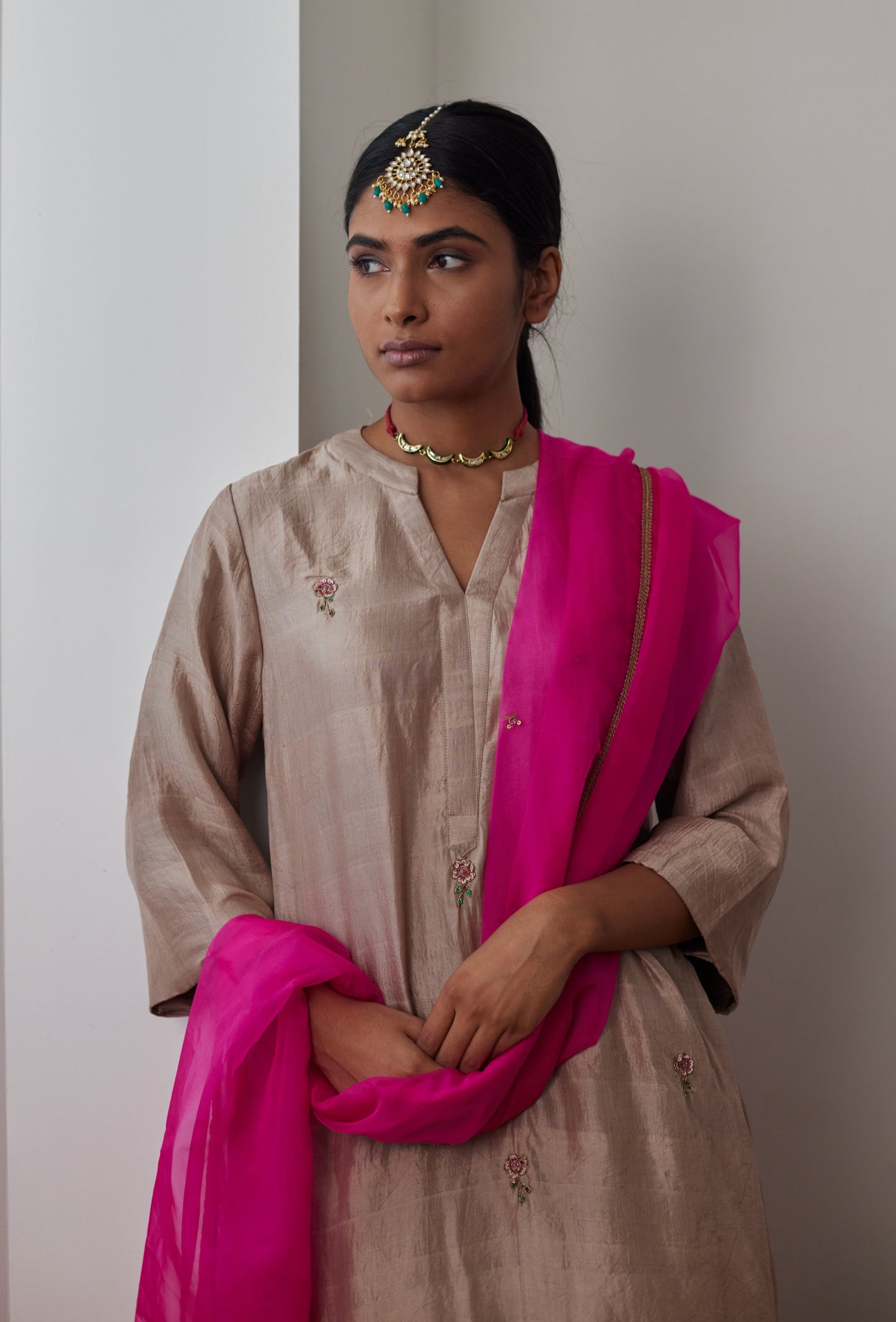 Mini Kurta in Chai Mulberry Silk with Chanderi Farsi