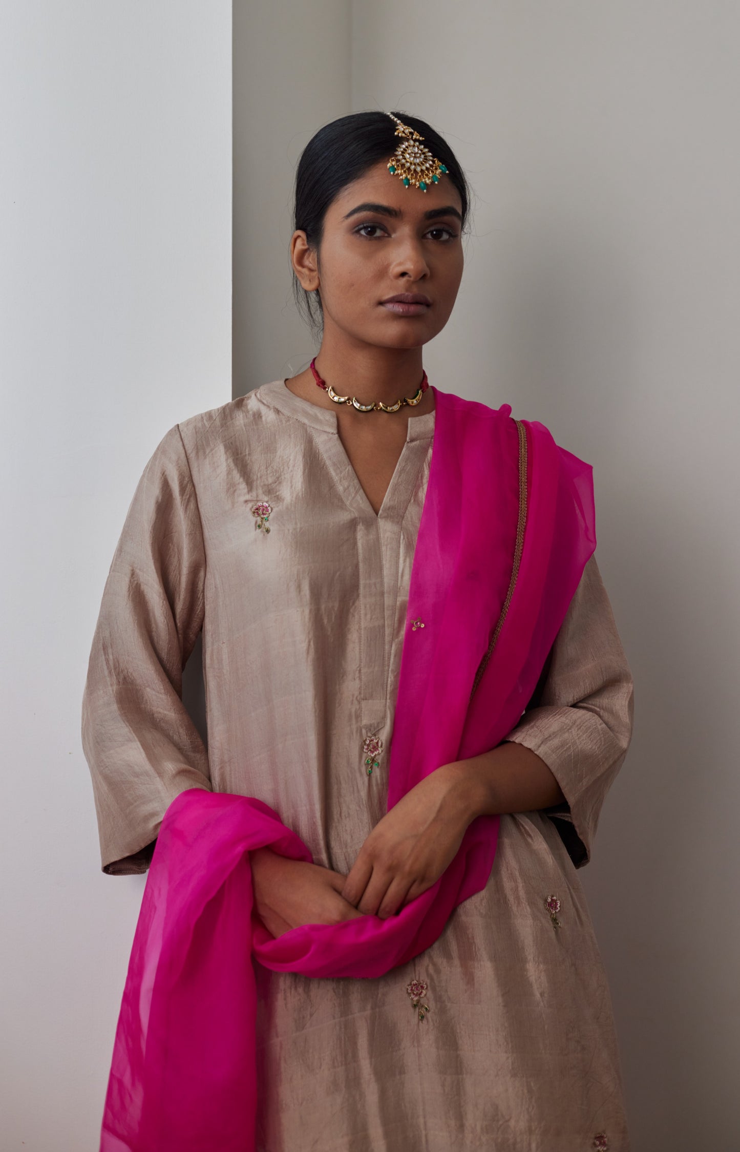 Mini Kurta in Chai Mulberry Silk with Chanderi Farsi