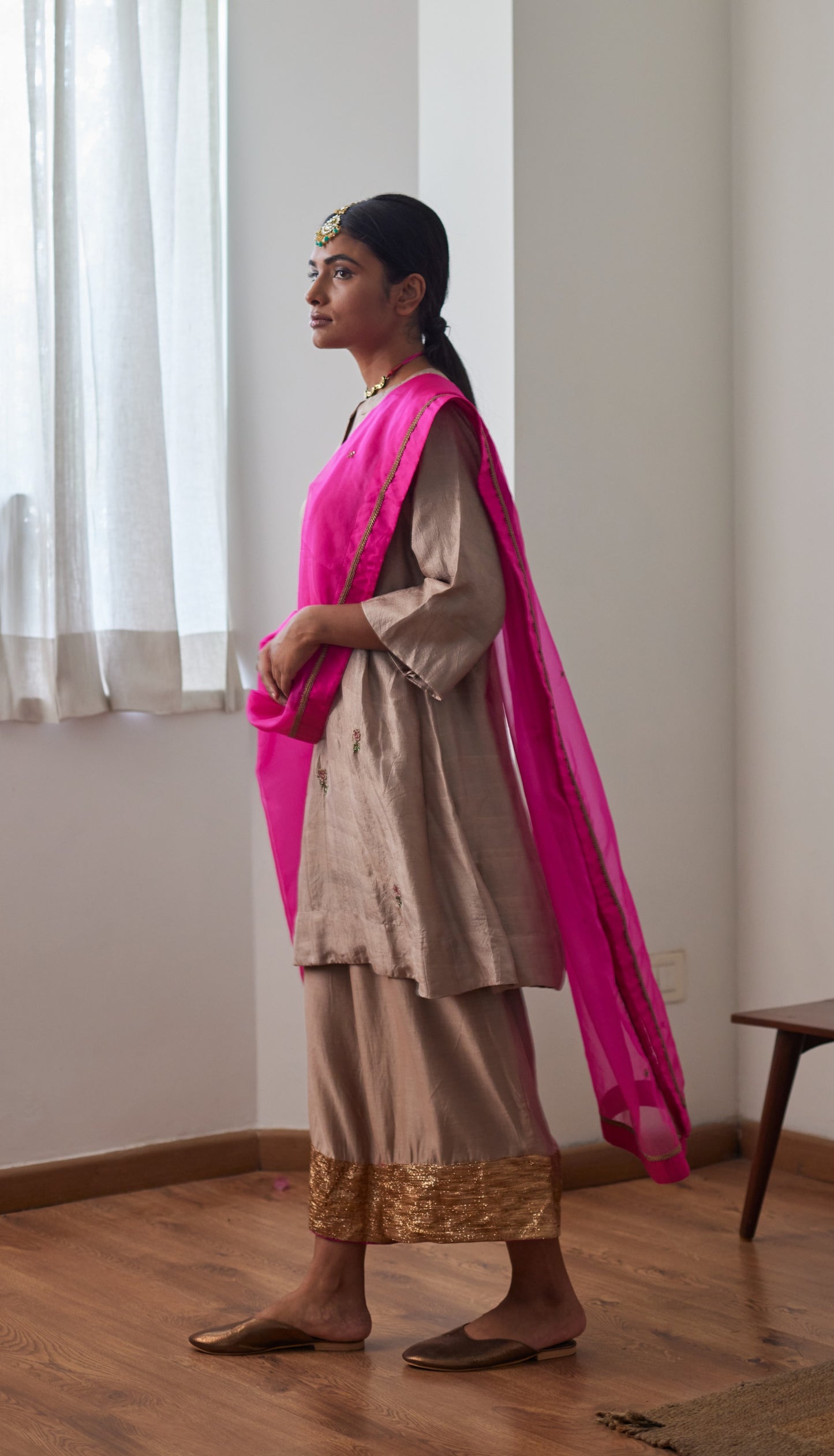 Mini Kurta in Chai Mulberry Silk with Chanderi Farsi