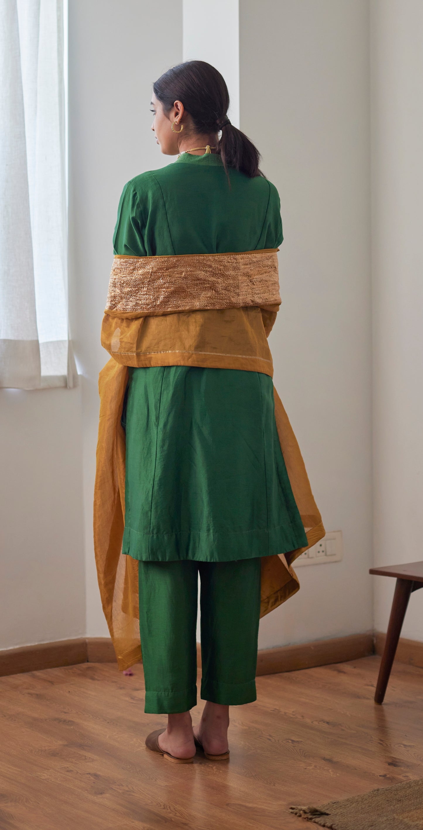 Sashiko in Green Chanderi with Chanderi Pants
