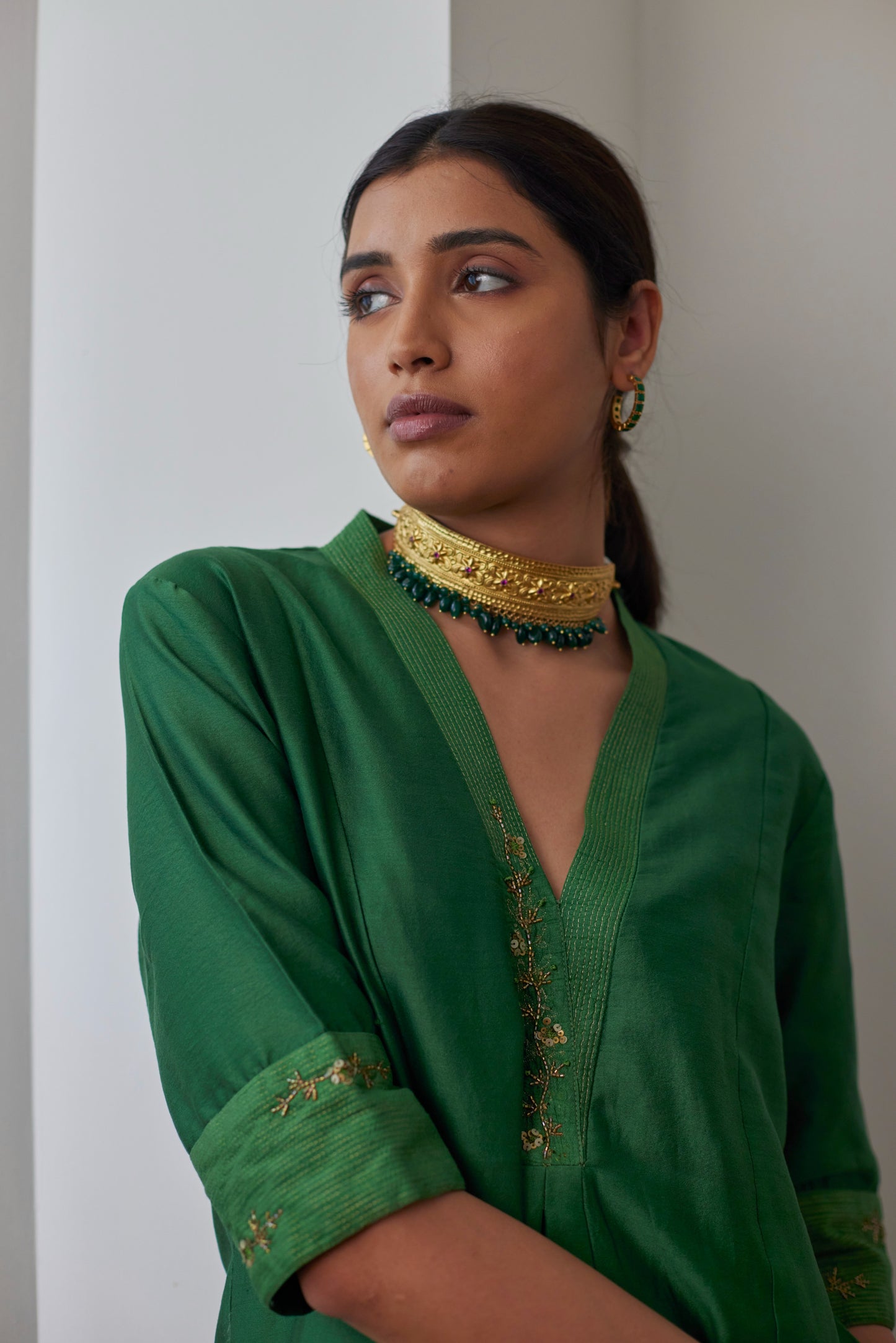 Sashiko in Green Chanderi with Chanderi Pants