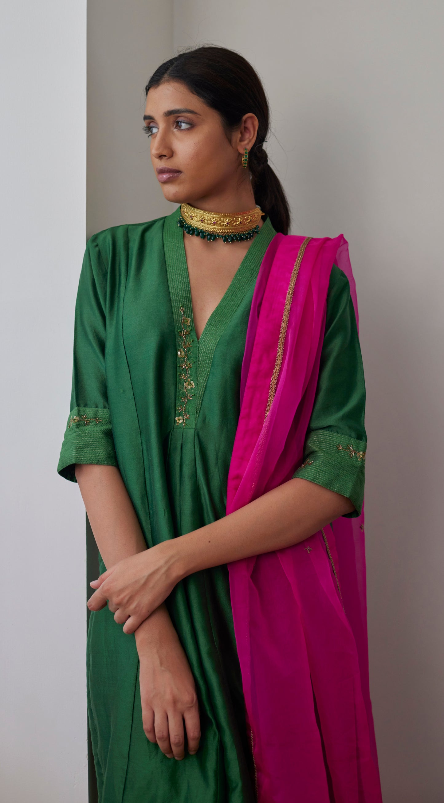 Sashiko in Green Chanderi with Chanderi Pants