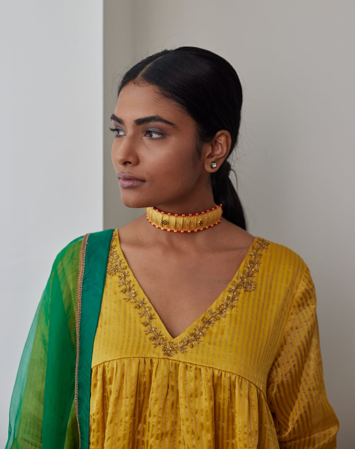 Empireline Kurta in Yellow Chanderi Stripes with Salwar