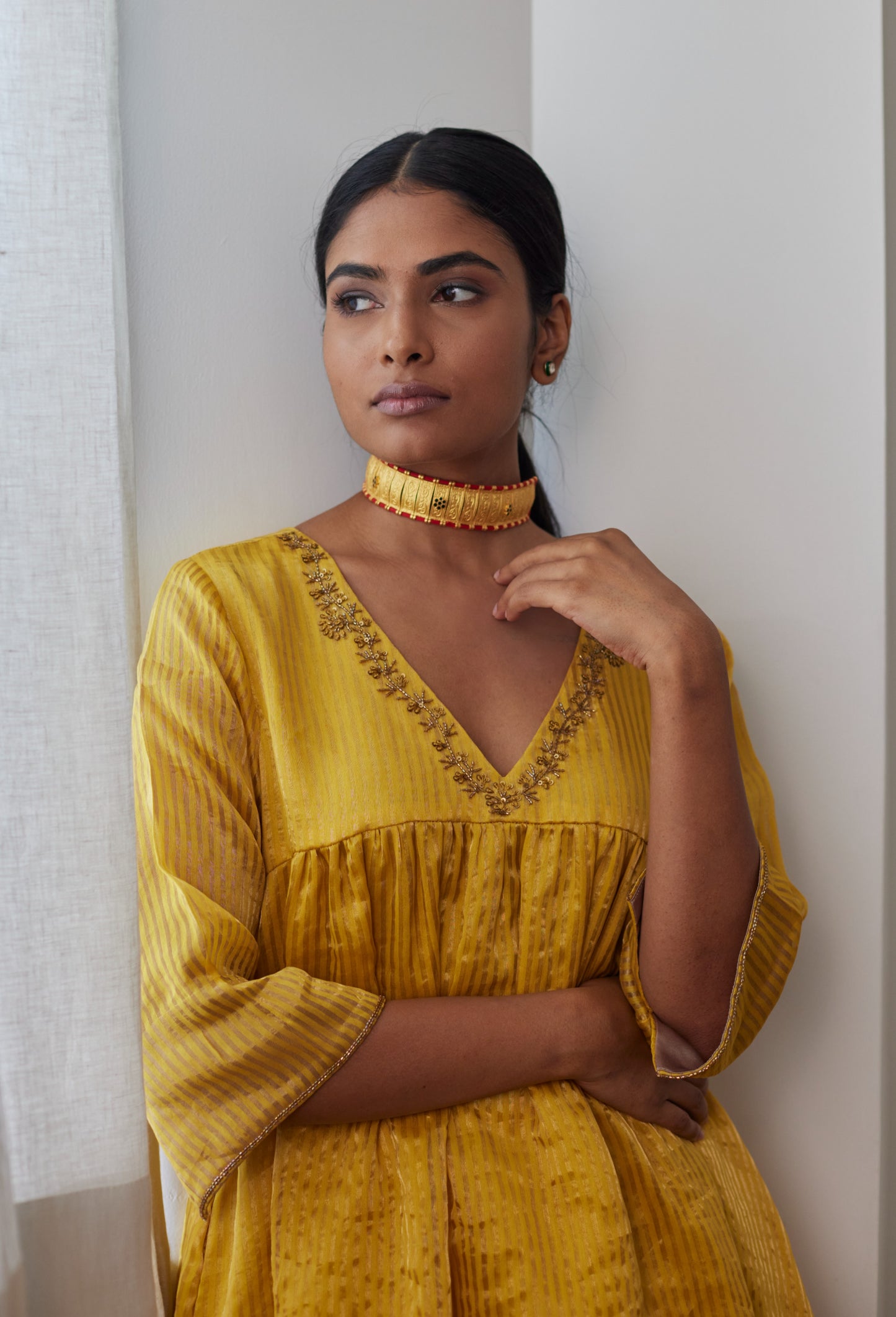 Empireline Kurta in Yellow Chanderi Stripes with Salwar