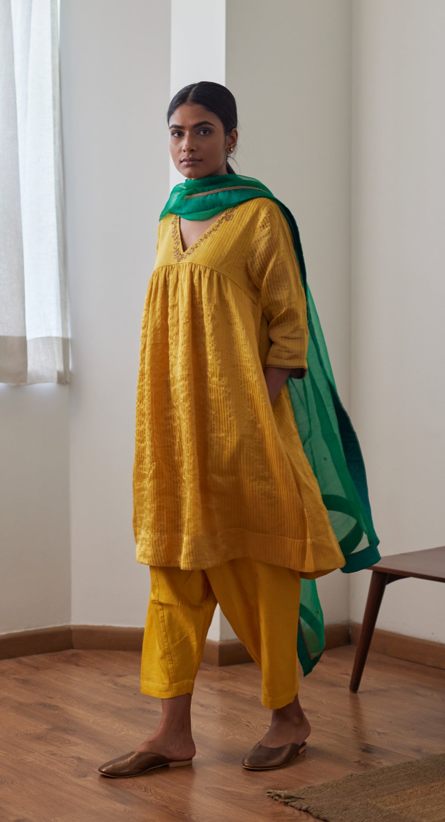 Empireline Kurta in Yellow Chanderi Stripes with Salwar