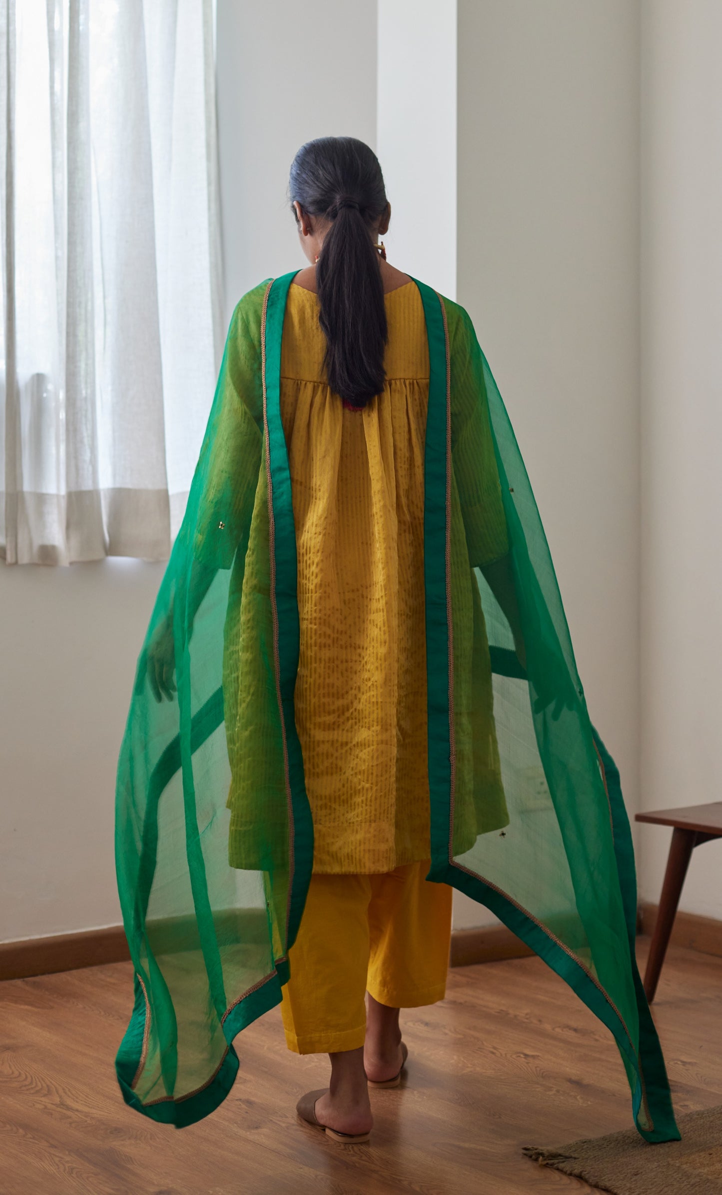 Empireline Kurta in Yellow Chanderi Stripes with Salwar