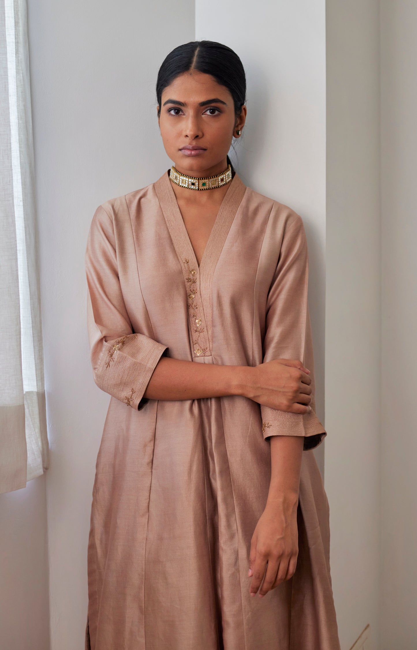 Sashiko in Chai Chanderi with Chanderi Pants