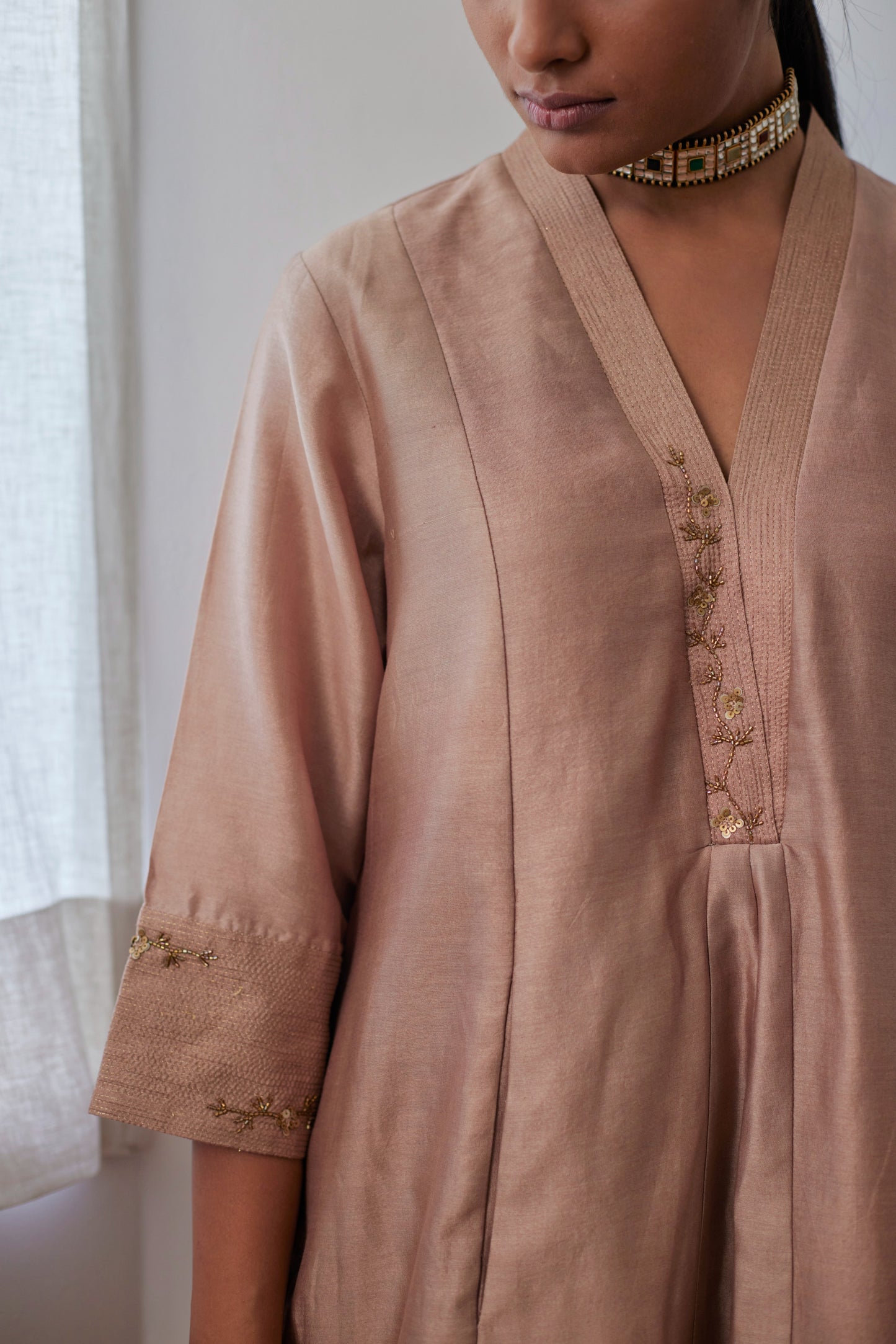 Sashiko in Chai Chanderi with Chanderi Pants