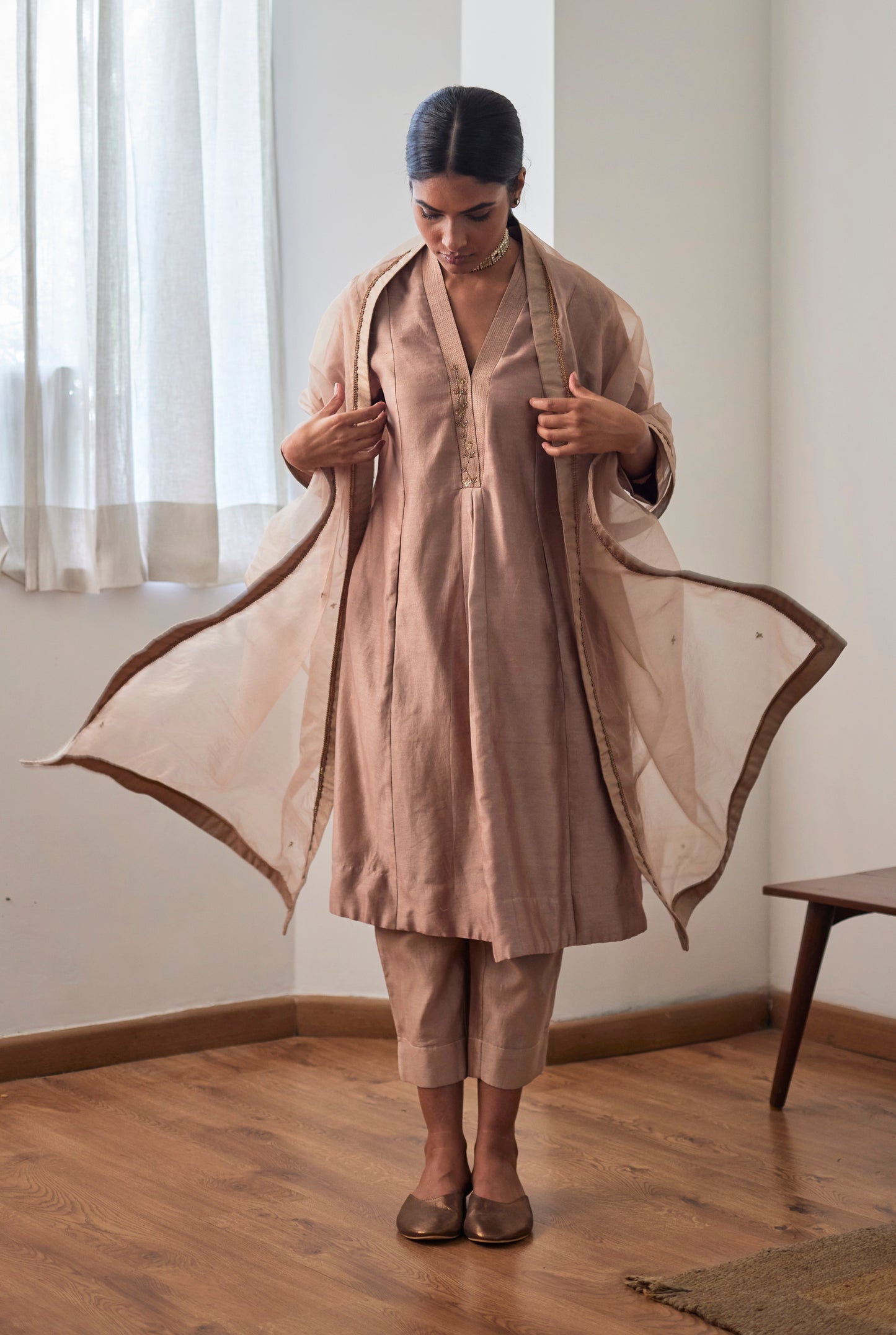 Sashiko in Chai Chanderi with Chanderi Pants