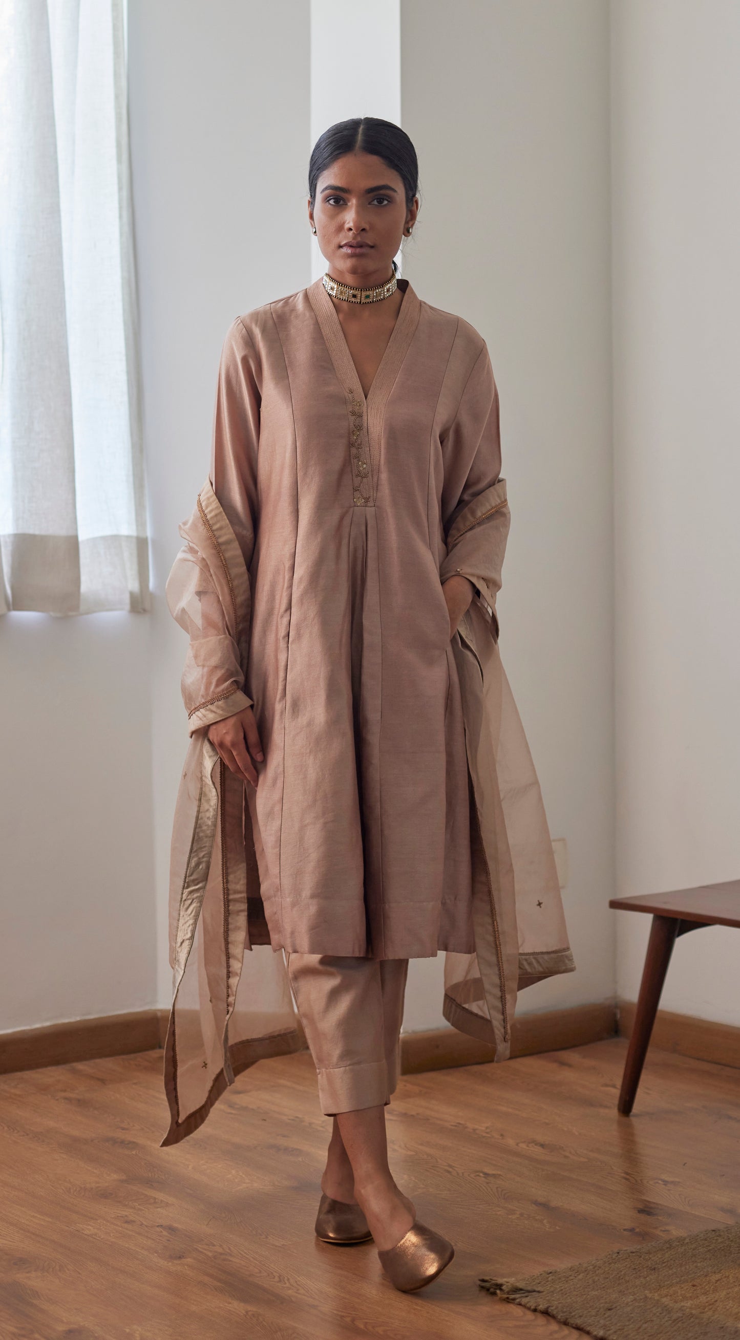 Sashiko in Chai Chanderi with Chanderi Pants