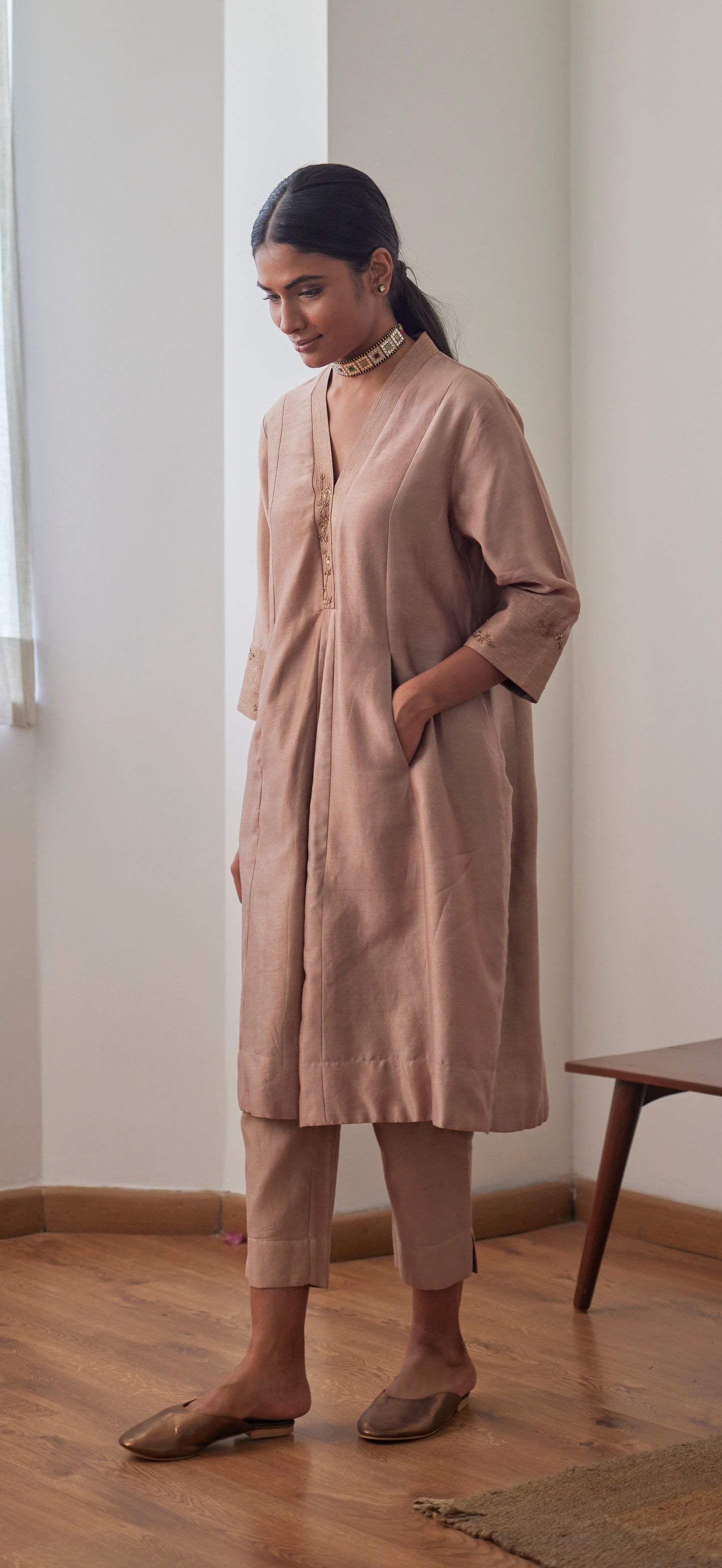 Sashiko in Chai Chanderi with Chanderi Pants